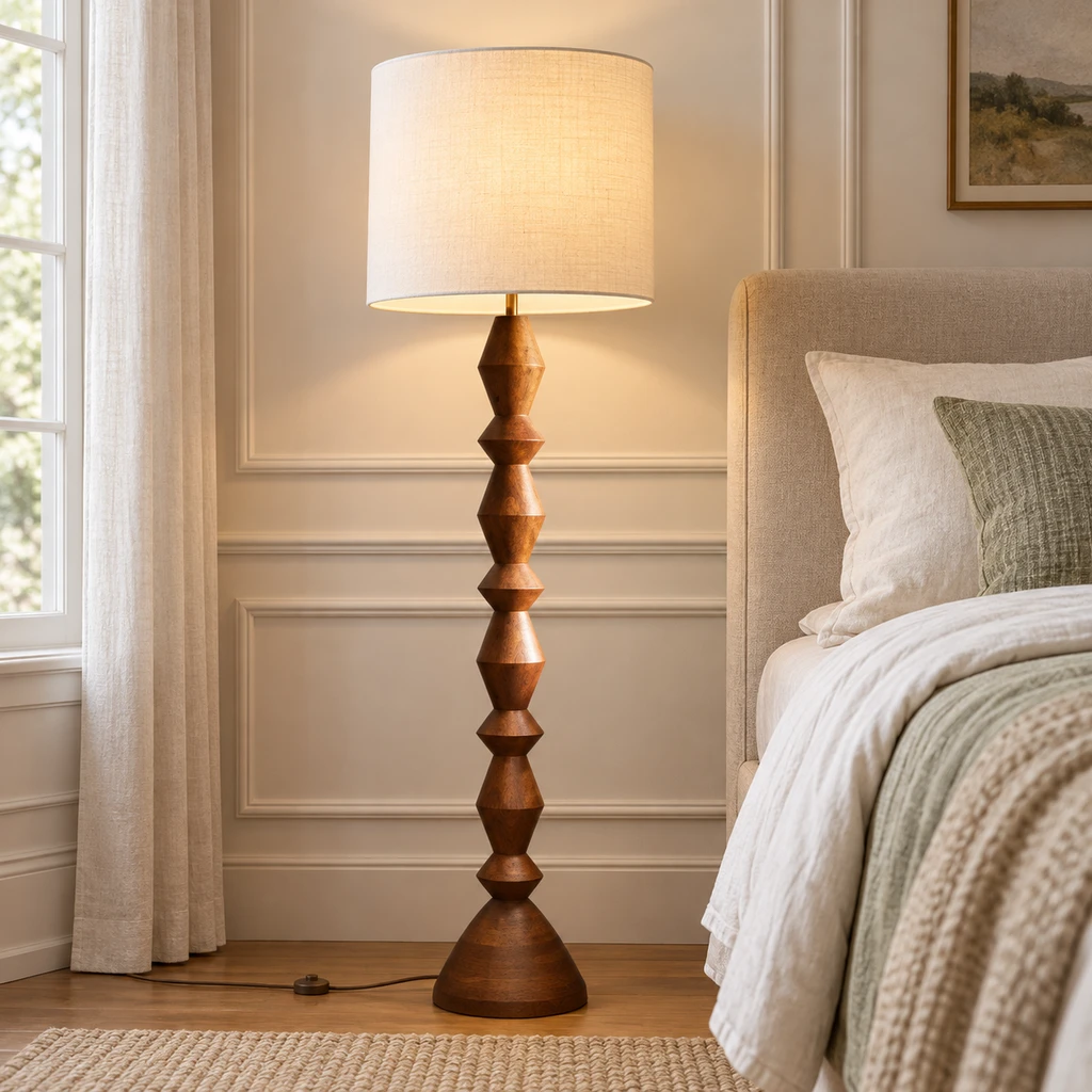 Maya Vintage Carved Wood and Fabric Floor Lamp, Carved Wood, high-ceiling bedroom setting