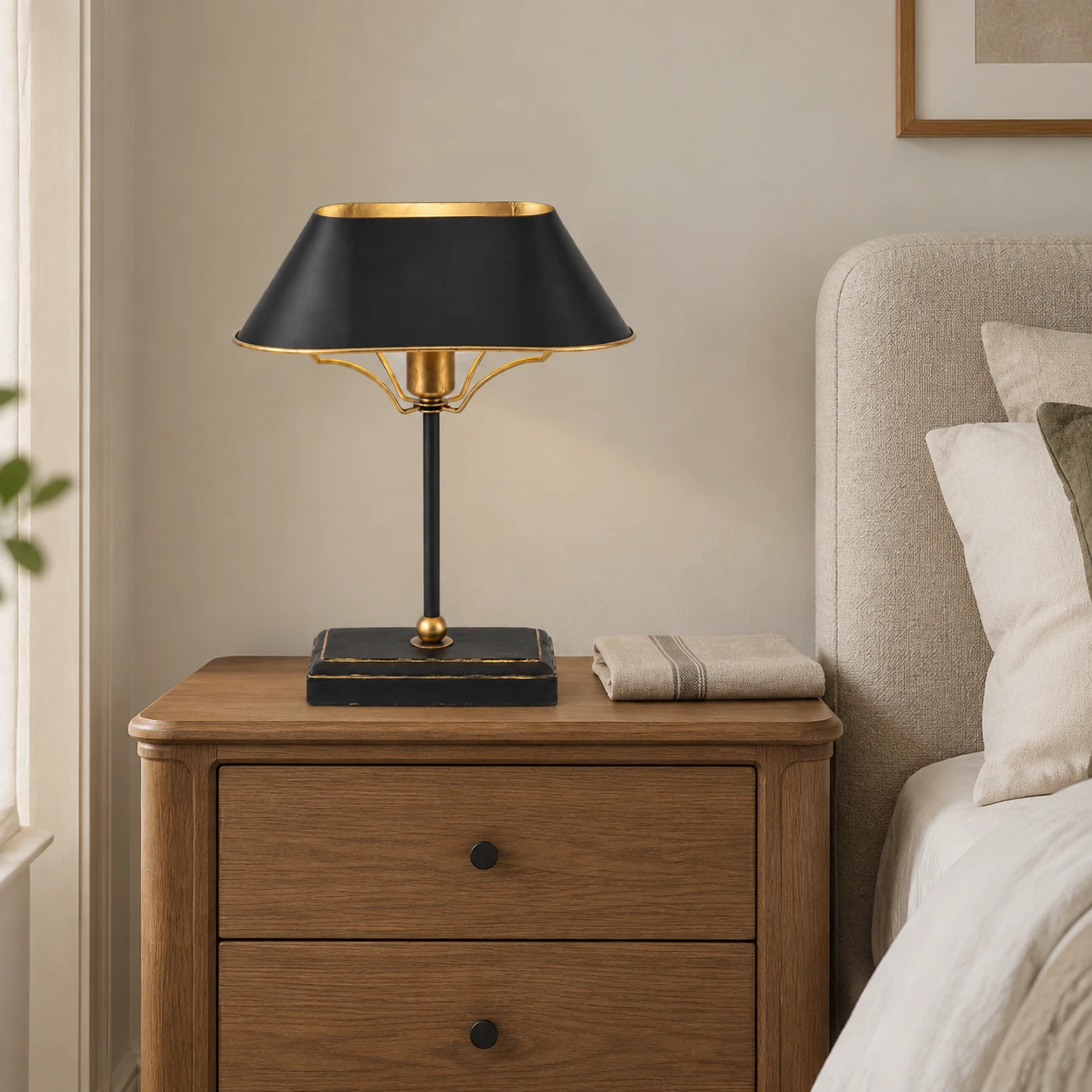 Lampe de table Odette noire et dorée sur une table de chevet en bois