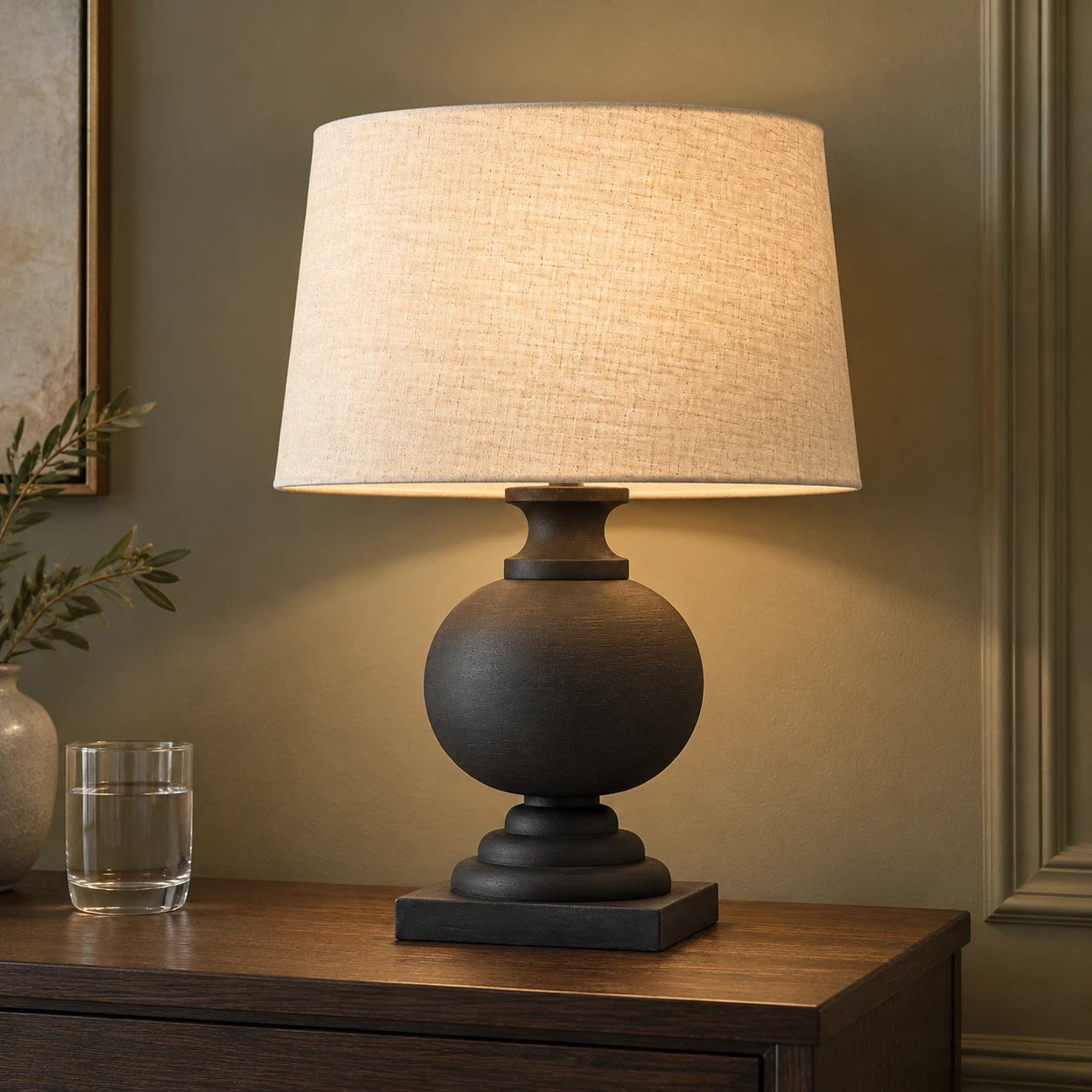 Lampe de table noire vintage sur meuble de chevet