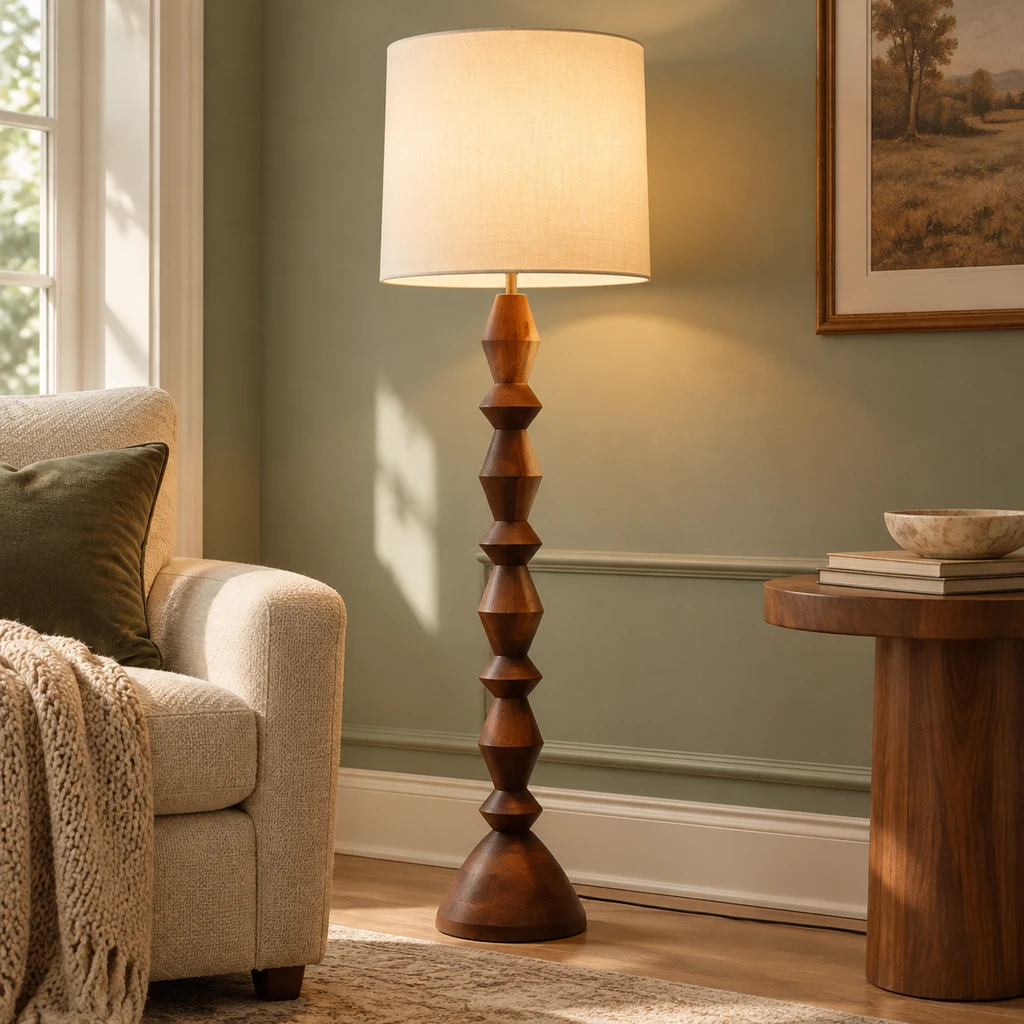 Maya Vintage Carved Wood and Fabric Floor Lamp, Carved Wood, close room setting
