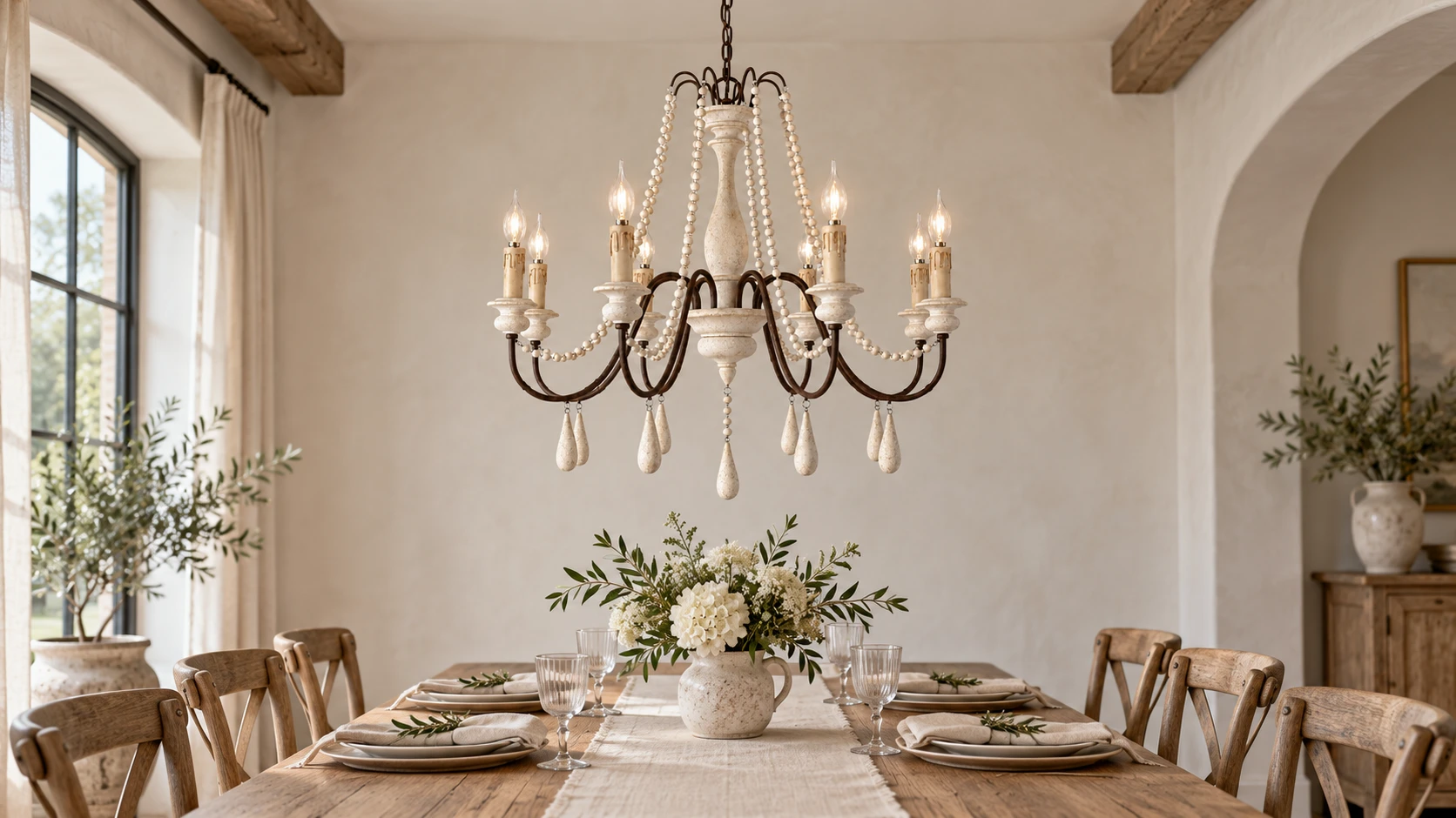 Lustre en branches de bois de style campagnard français, au centre d'une salle à manger familiale