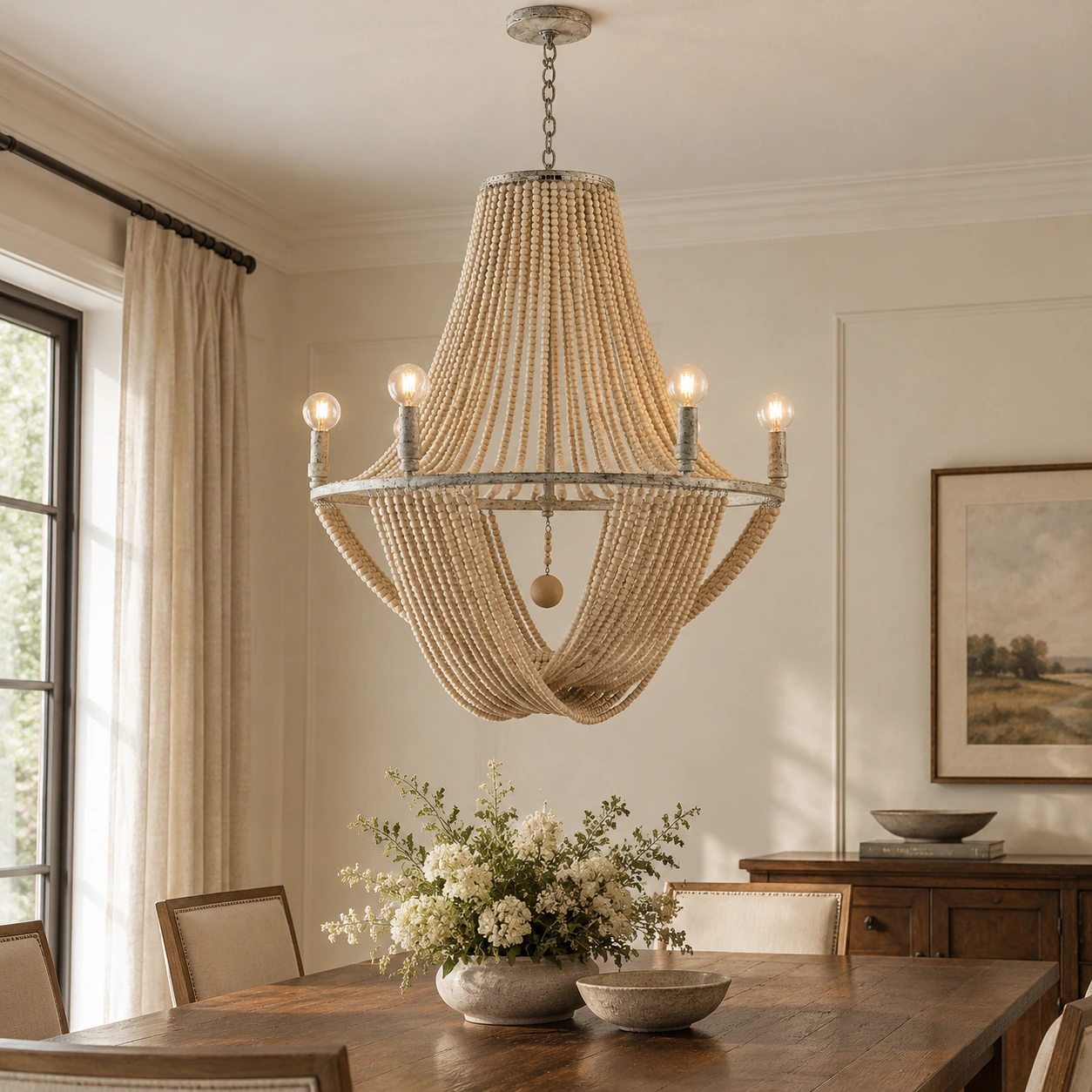 Lustre Elena à six lumières au-dessus d'une table à manger