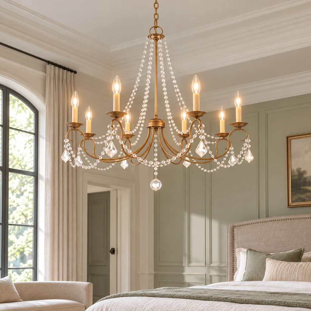 Mila American Vintage Crystal and Iron Chandelier, Antique Gold Crystal, high-ceiling bedroom setting