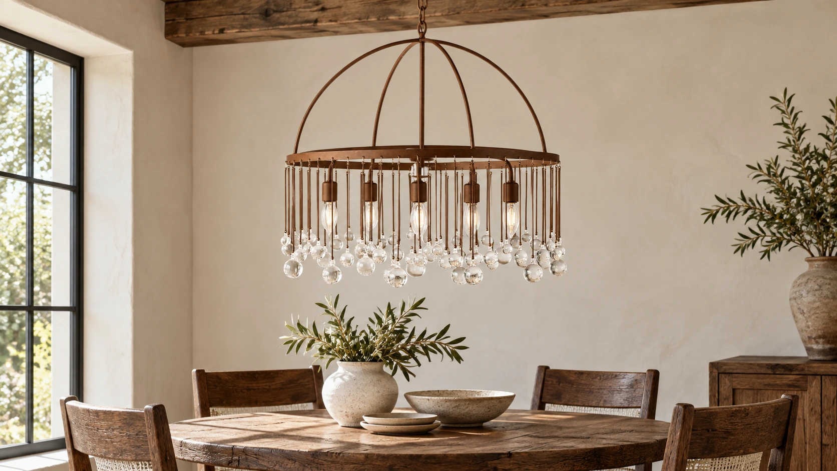 Lustre en cristal rouillé au-dessus d'une table à manger