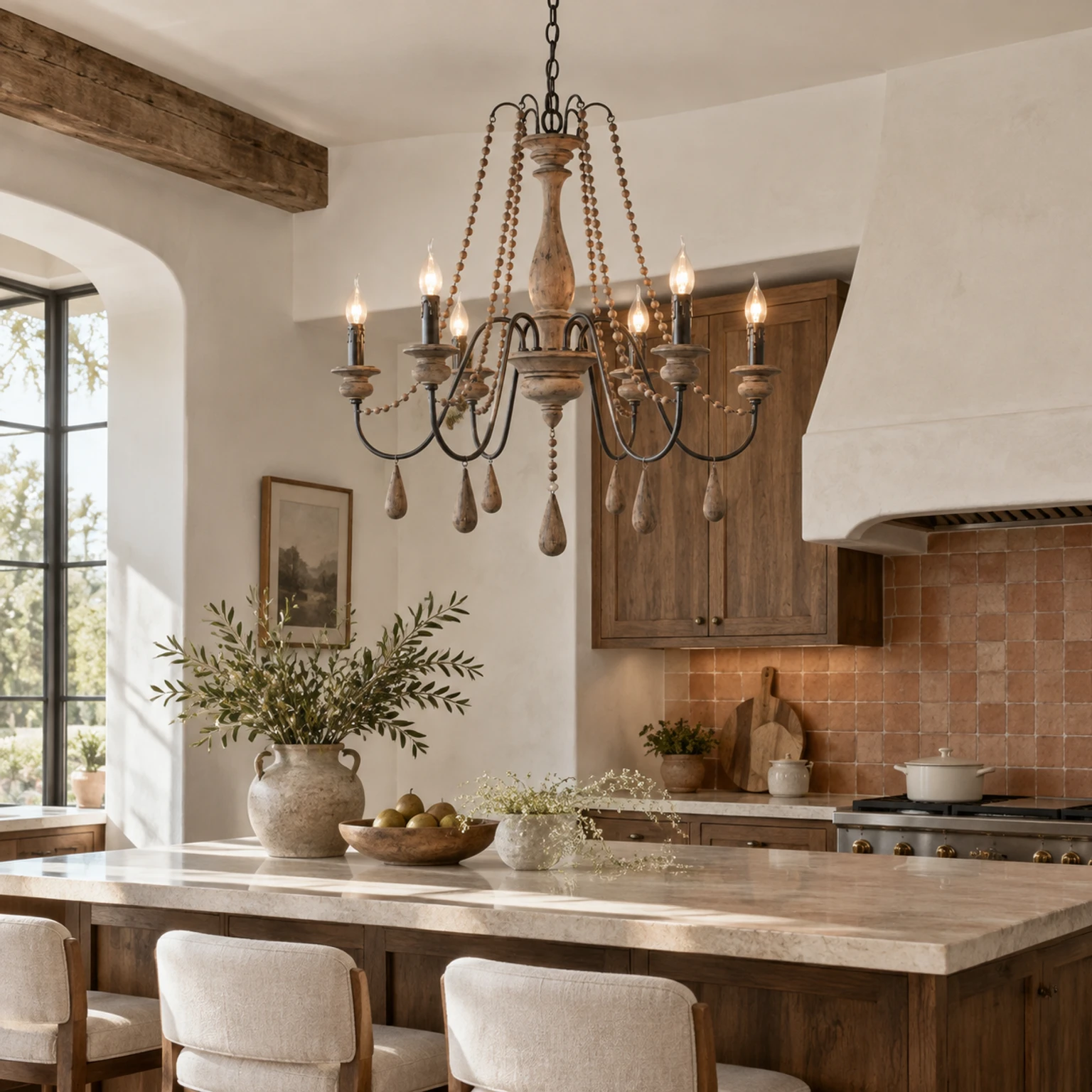 Lustre en branches de bois vieilli au-dessus d'un îlot de cuisine de style campagnard