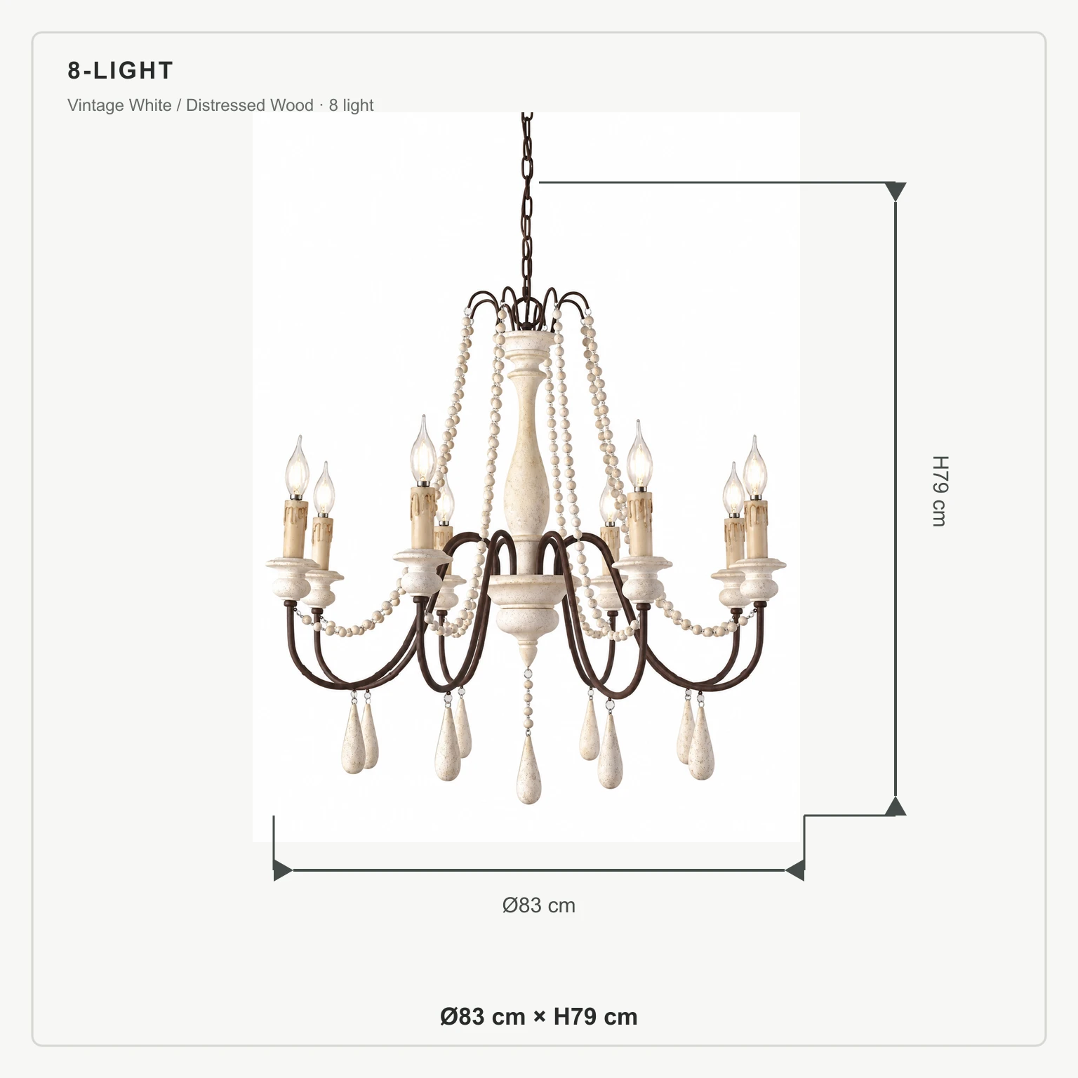 Dimensions du lustre à 8 lumières : Ø83 cm × H79 cm