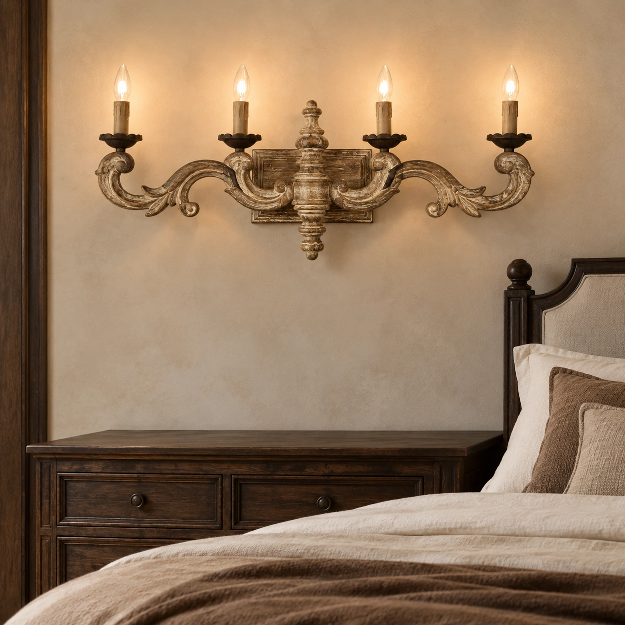 Aplique de pared de madera tallada de cuatro luces junto a la cama.