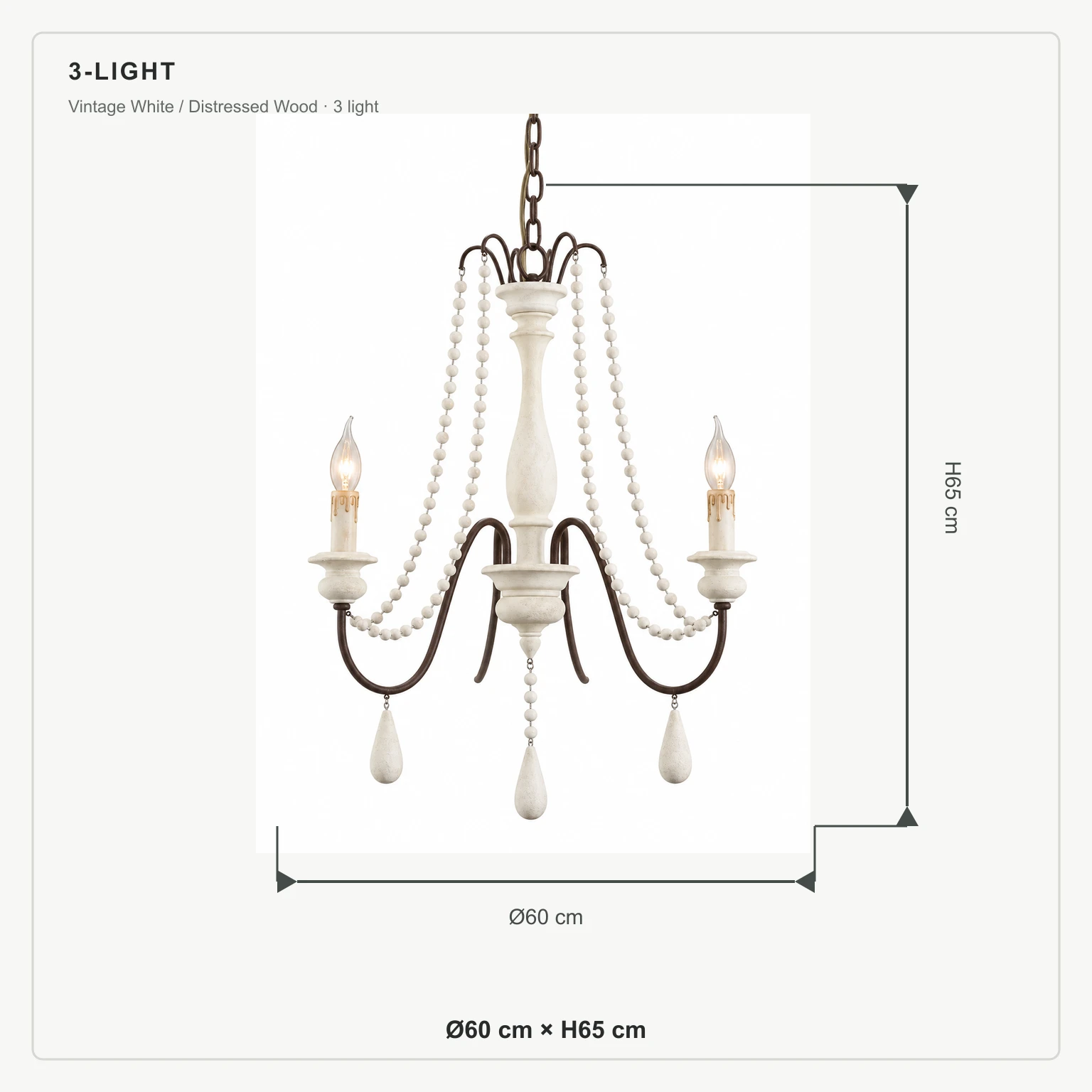 Dimensions du lustre à 3 lumières : Ø60 cm × H65 cm