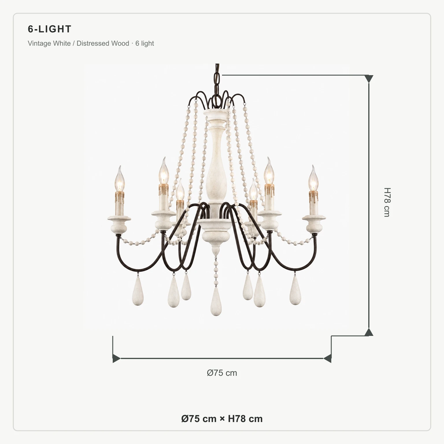Dimensions du lustre à 6 lumières : Ø75 cm × H78 cm
