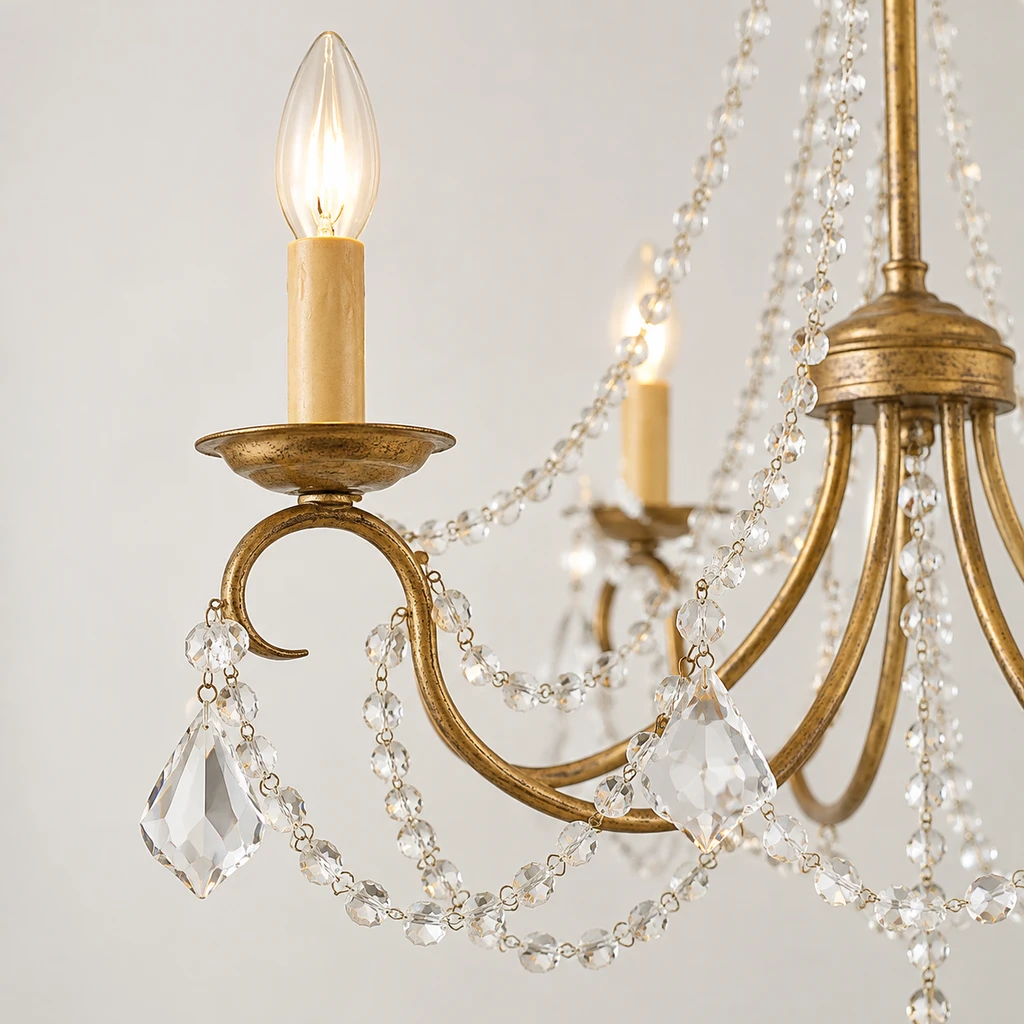Mila American Vintage Crystal and Iron Chandelier, Antique Gold Crystal, close view of the secondary construction detail