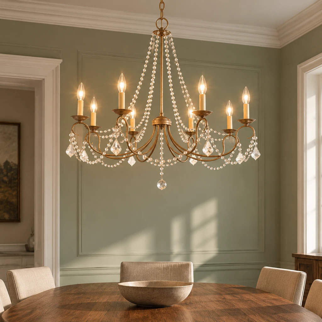 Mila American Vintage Crystal and Iron Chandelier, Antique Gold Crystal, close room setting