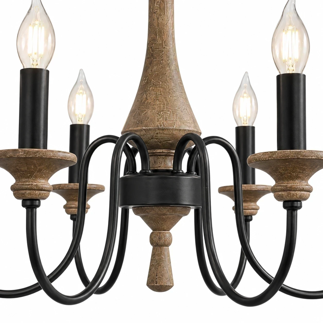 Centre en bois sculpté et bras noirs incurvés du lustre