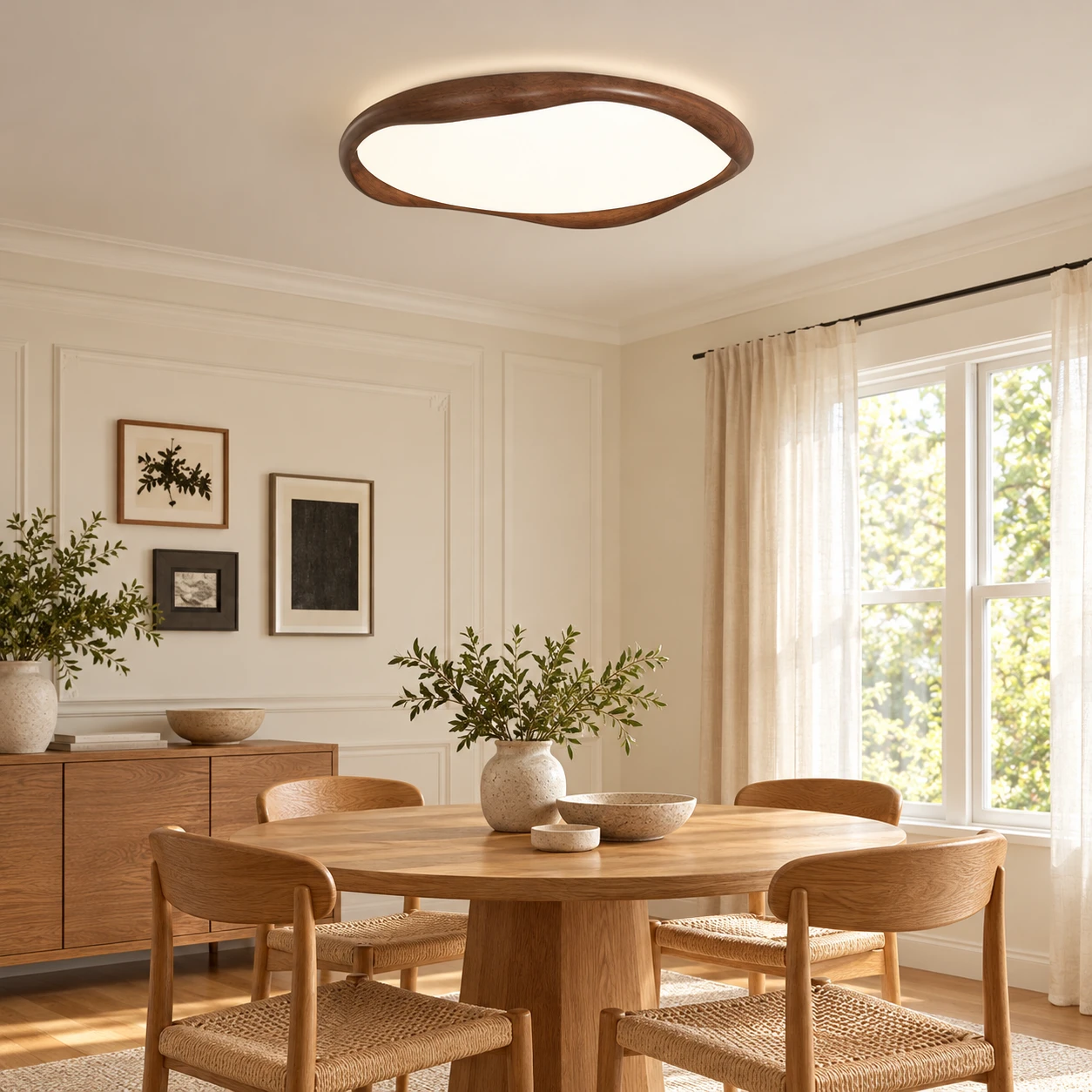 Lámpara Elara sobre una mesa de comedor