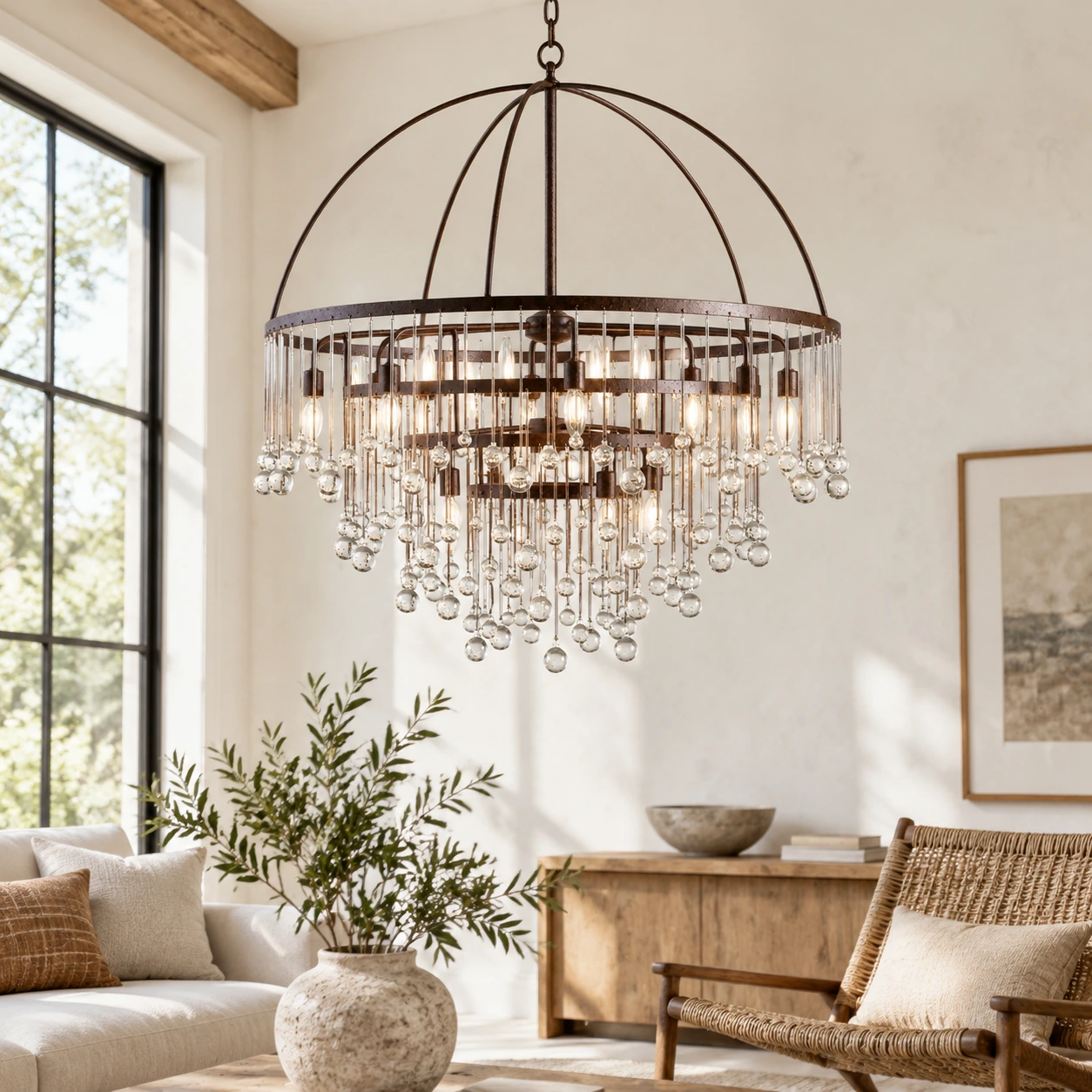 Lustre à douze têtes en cristal rouillé dans un salon