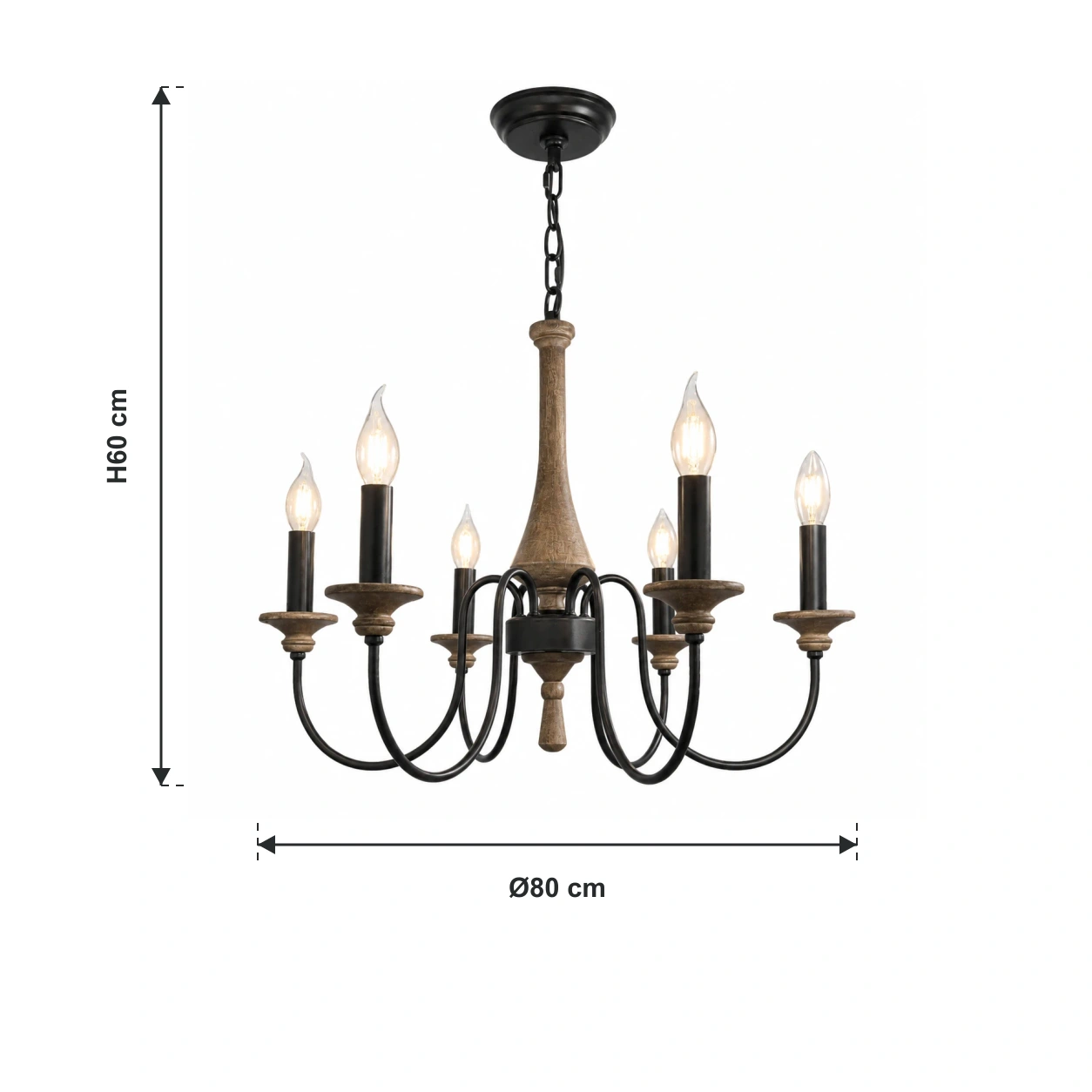 Lustre à fond blanc avec indications de dimensions H60 cm et Ø80 cm
