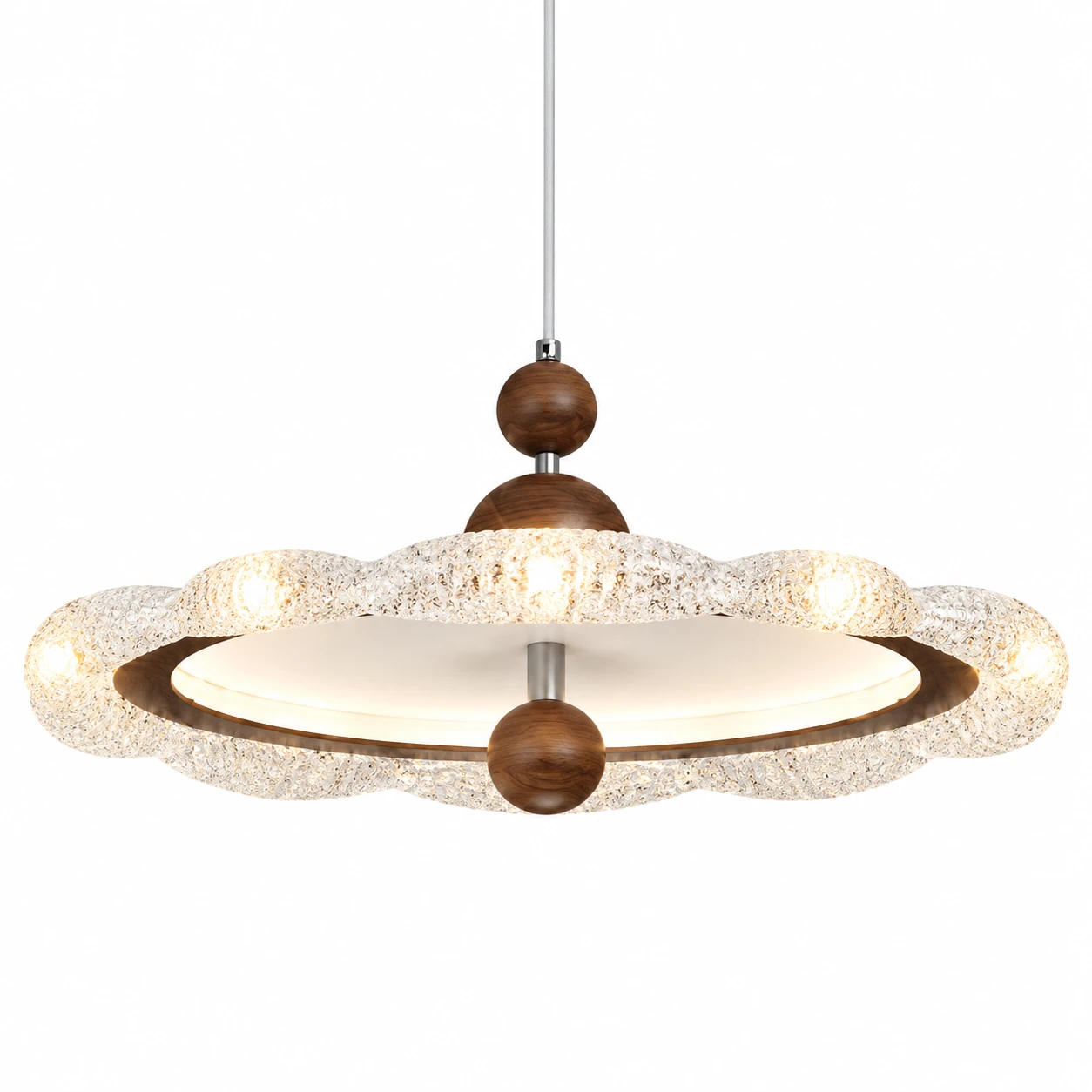 Lámpara colgante redonda de madera y cristal Sienna completa sobre fondo blanco.