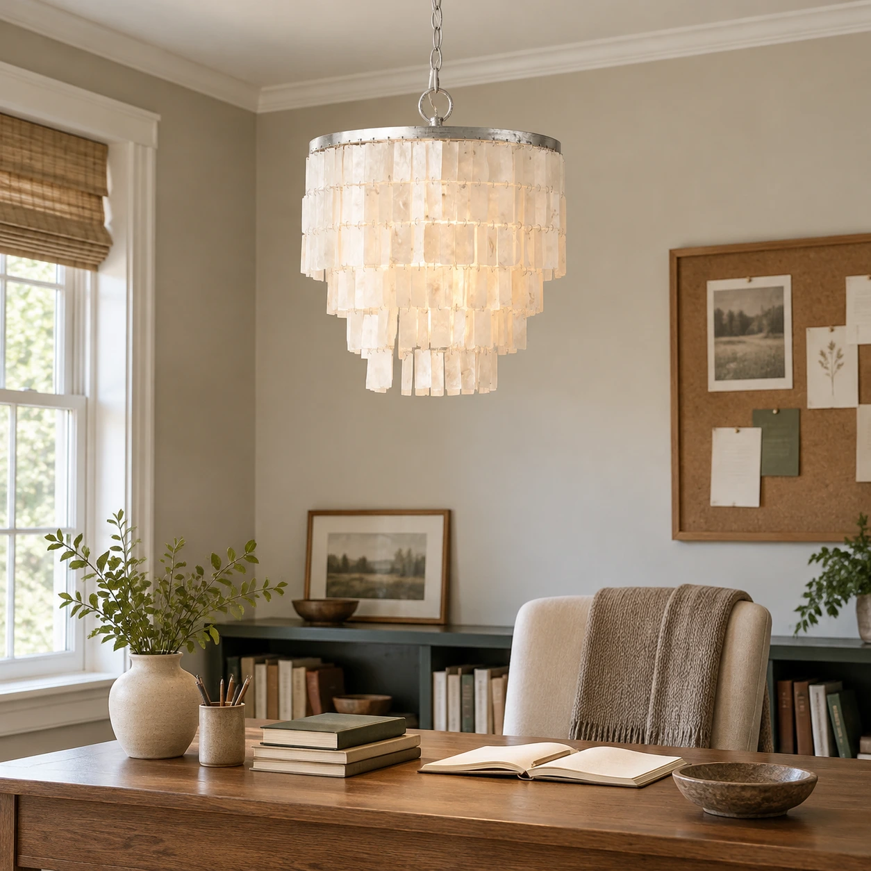 Lampadario a più livelli con conchiglie sopra una scrivania.