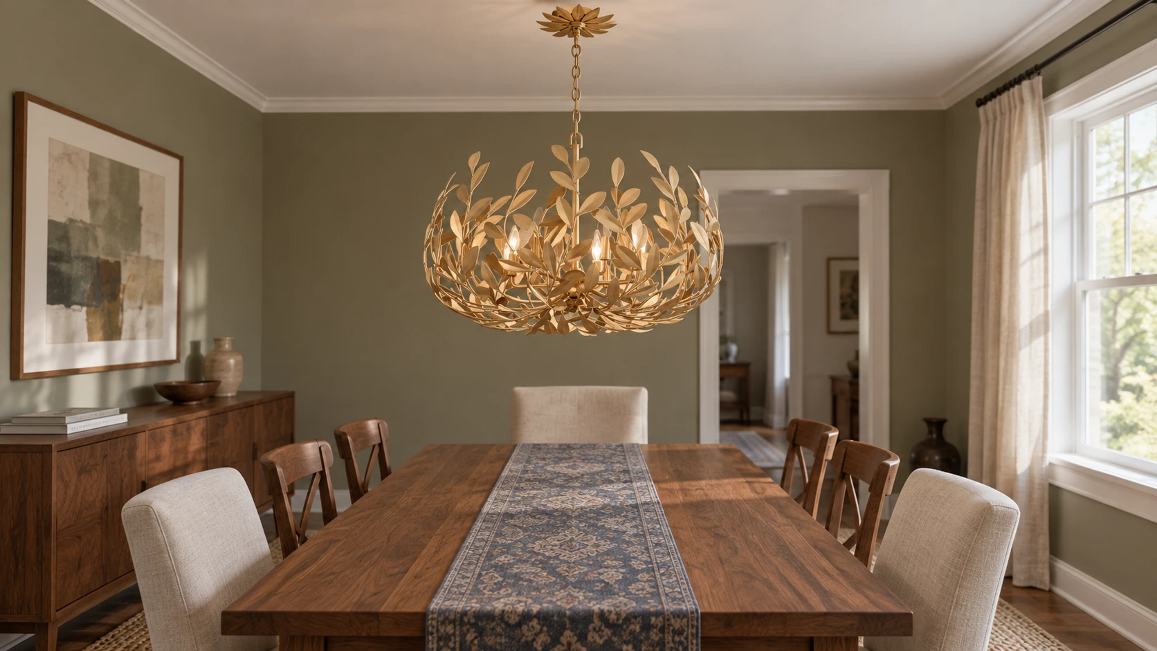 Lampadario in ferro con ghirlanda di foglie dorate sopra un tavolo da pranzo in noce.