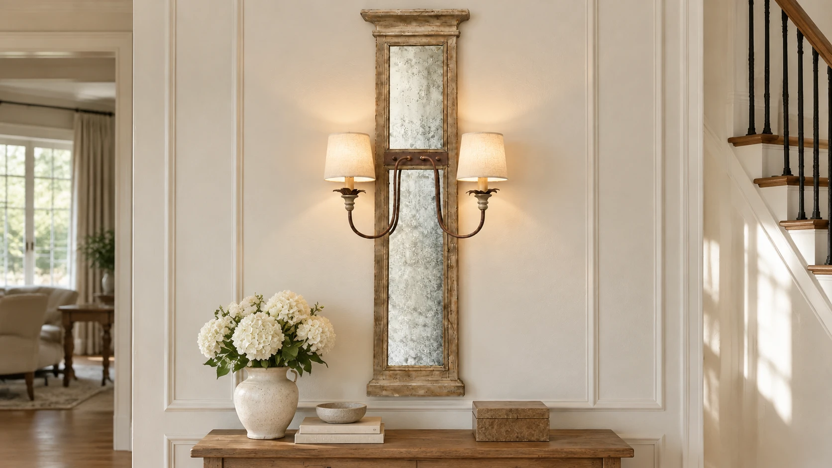 Applique da parete Marlow con base in legno rustico, centrata sopra una consolle d'ingresso americana.