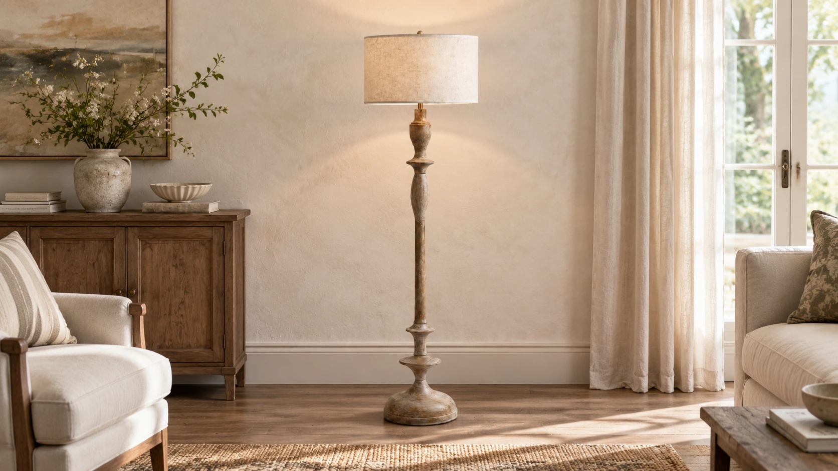 Lampadaire Camille en bois tourné et lin dans un salon