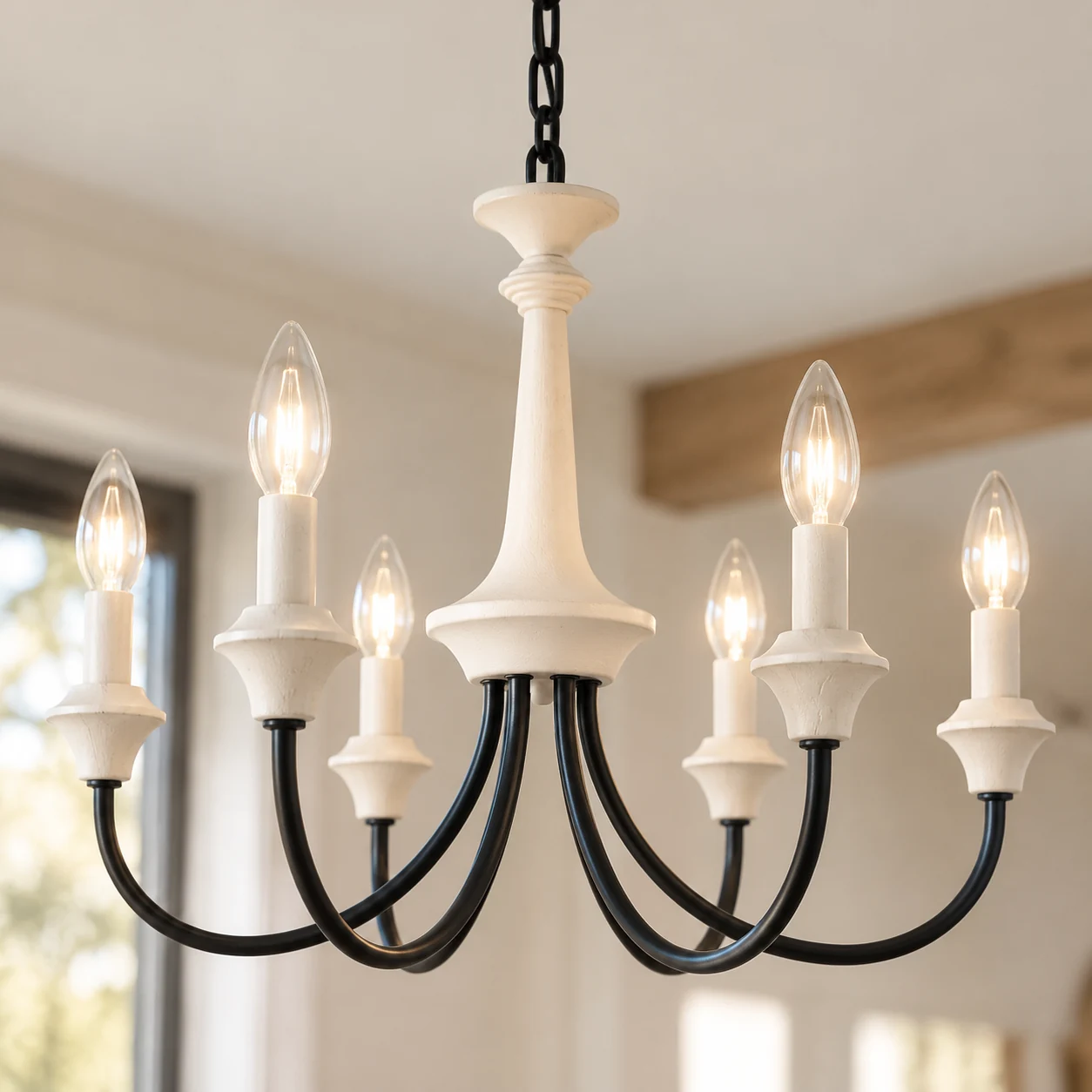 Lampadario rustico Willa con bracci portacandele in legno e ferro - dettaglio - giunto a 6 bracci