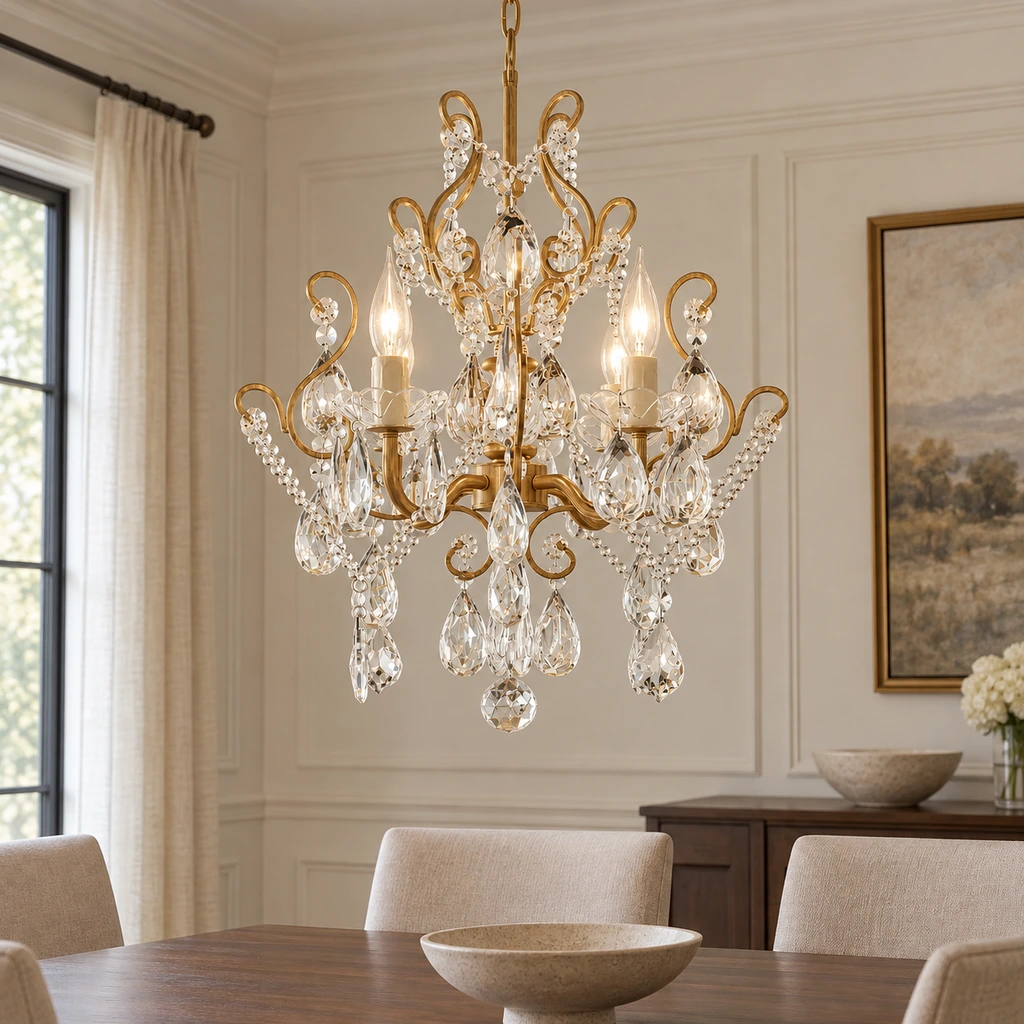 Lámpara de araña Celeste de hierro forjado y cristal de estilo europeo vintage en un comedor formal con paredes de yeso blanco cálido.