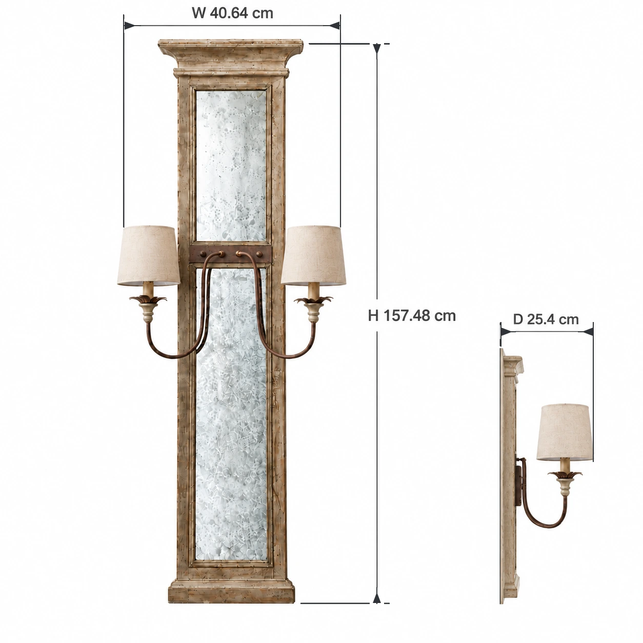 Dimensioni dell'applique Marlow: altezza 157,48 cm, larghezza 40,64 cm e sporgenza 25,4 cm.
