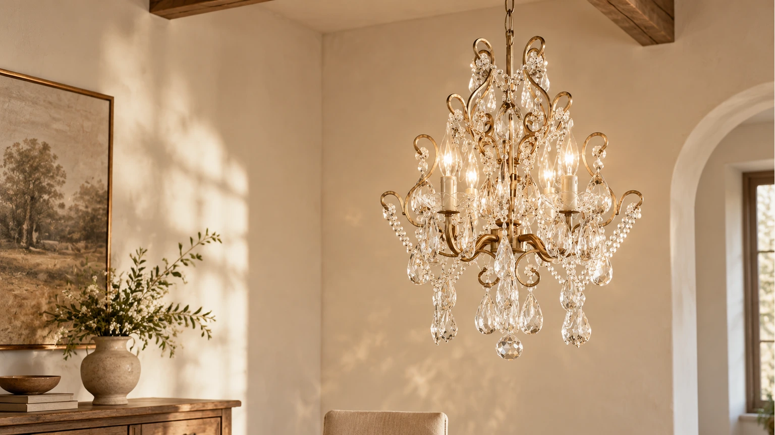 Banner de la sala editorial de la lámpara de araña Celeste de hierro y cristal con motivos ornamentales de estilo europeo vintage.