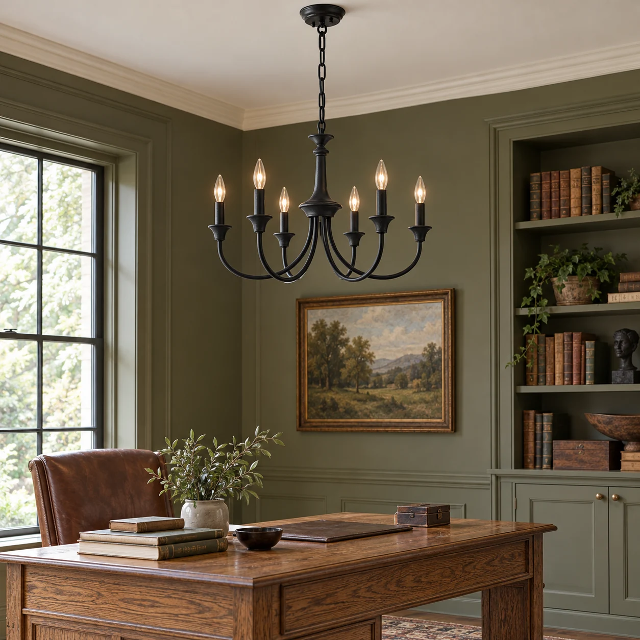 Lampadario rustico Willa con bracci portacandele in legno e ferro - scene-6-black-study