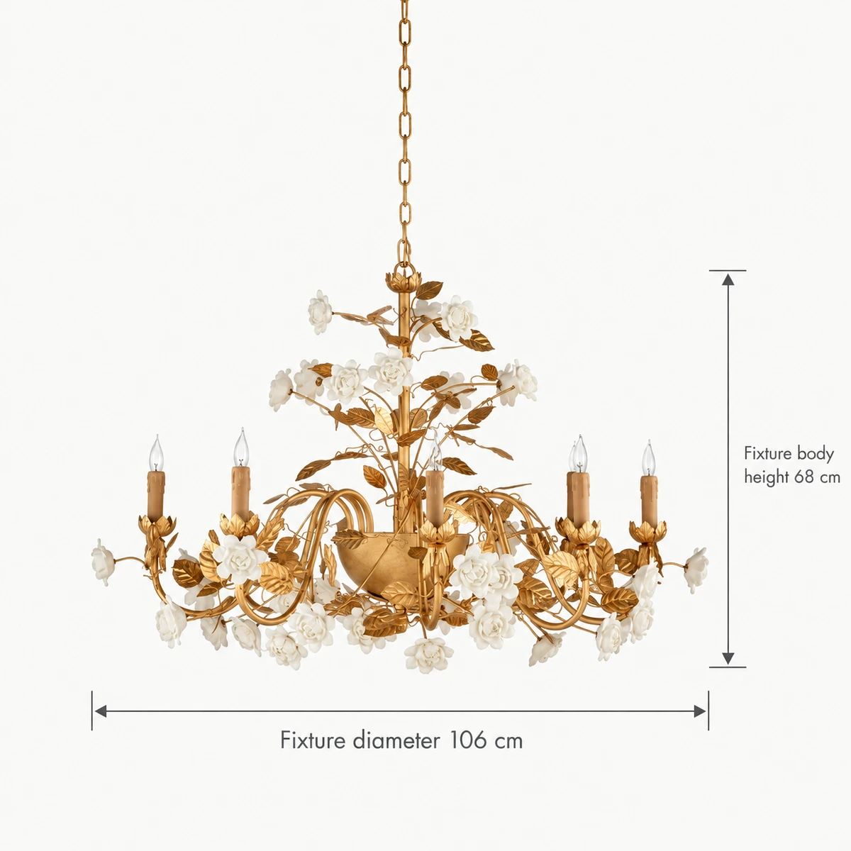 Dimensions du lustre Elara : diamètre 106 cm et hauteur du corps de luminaire 68 cm