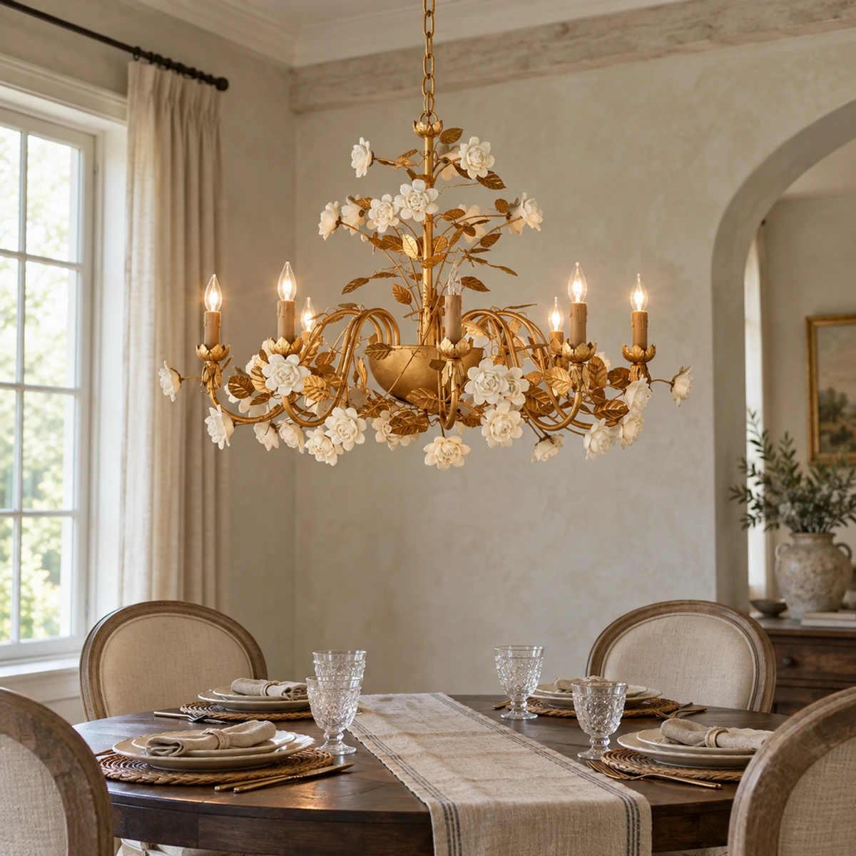 Lustre Elara en céramique à motifs floraux au-dessus d'une table à manger ronde en noyer