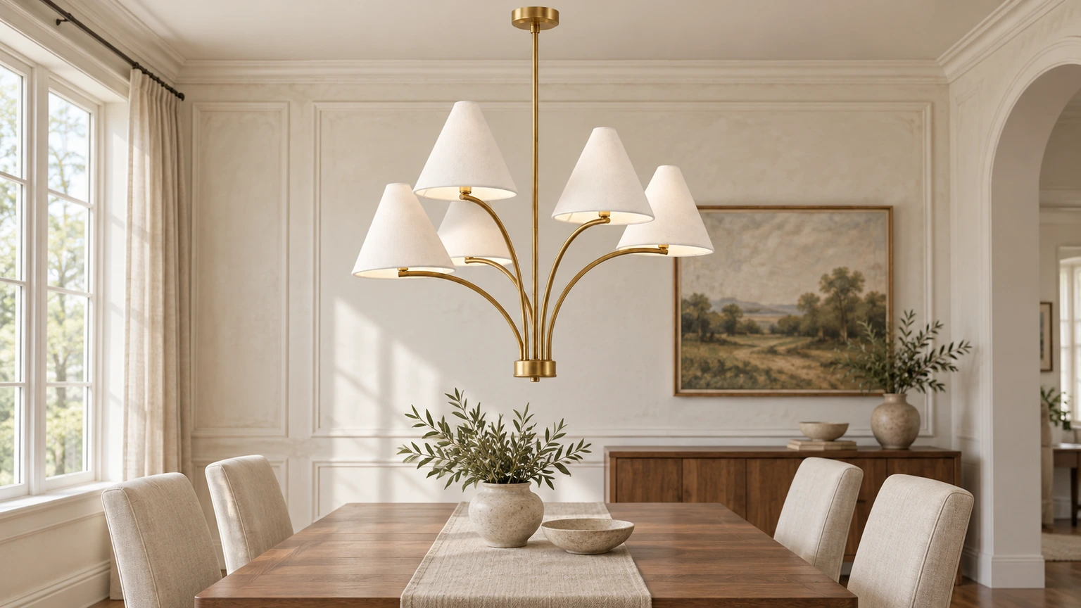 Lustre à branches en fer finition laiton chaud avec abat-jour en tissu au-dessus d'une table à manger dans un intérieur vintage lumineux