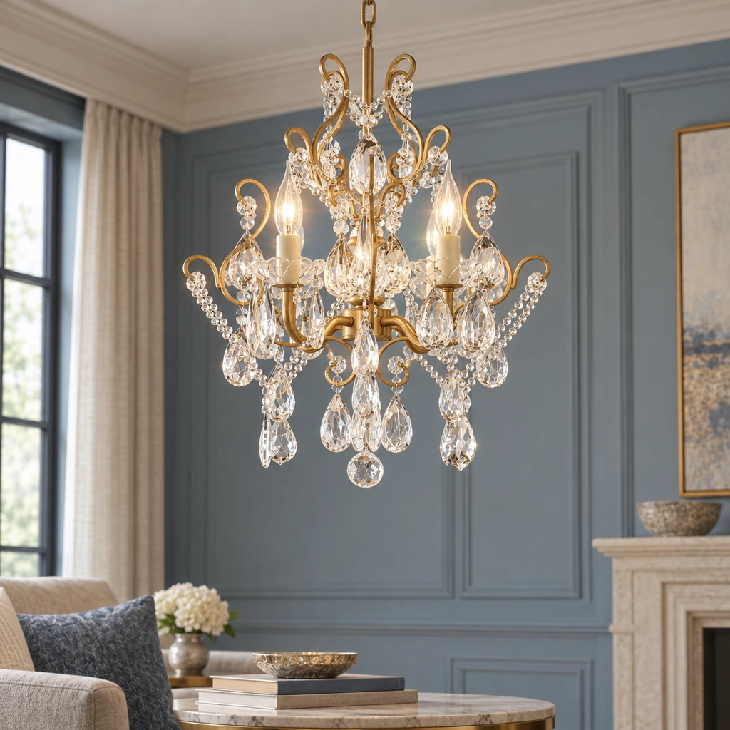 Lámpara de araña Celeste de hierro forjado y cristal de estilo europeo vintage en el salón de un hotel boutique con paredes de un sobrio color azul empolvado.