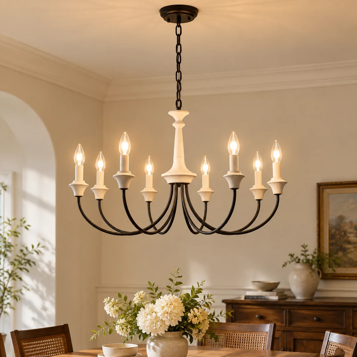 Lampadario rustico Willa con bracci portacandele in legno e ferro - hero-8-a