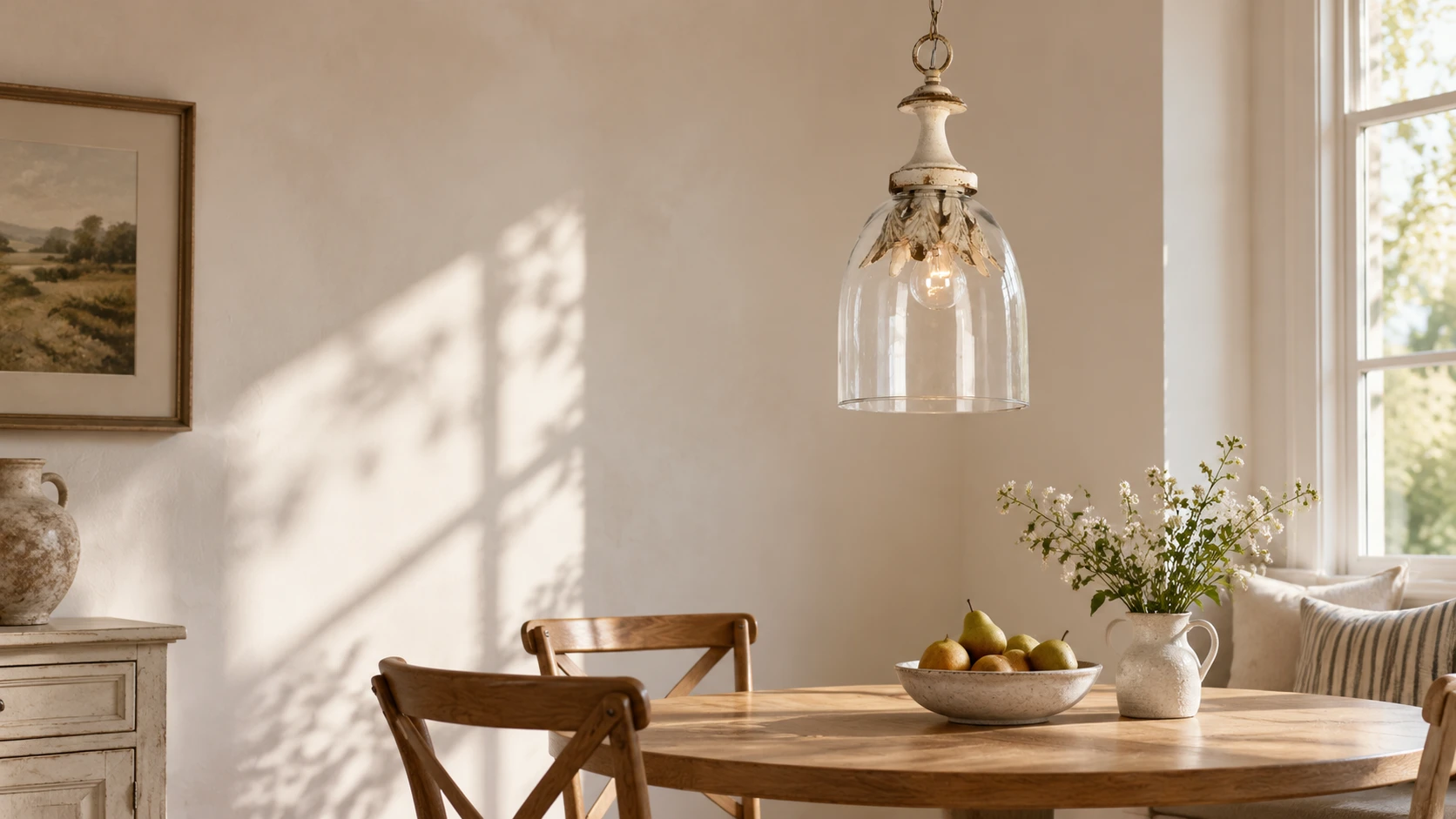 Lampadario a sospensione con paralume a campana in vetro sopra un tavolo da colazione in rovere.