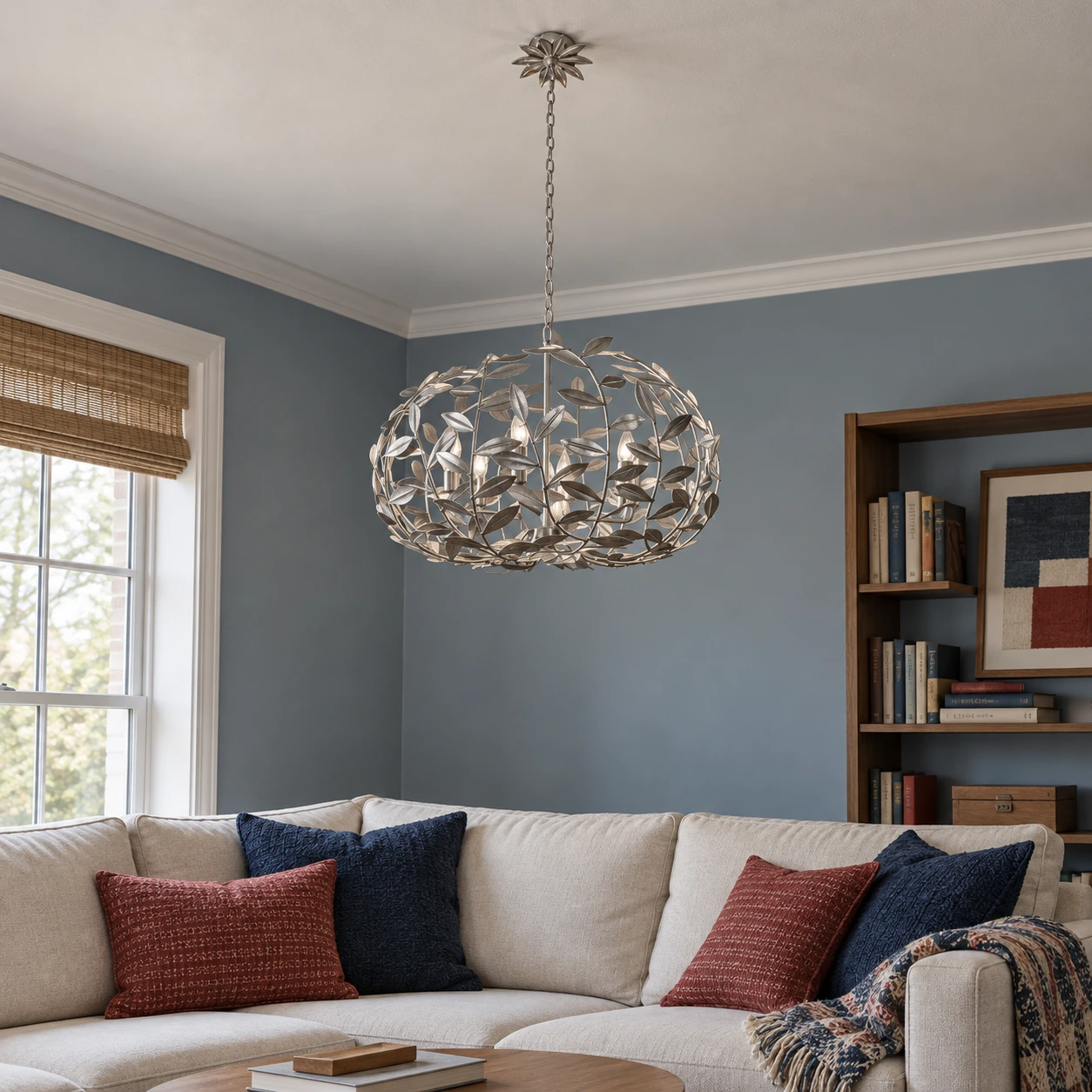 Lampadario a forma di ghirlanda di foglie argentate in un soggiorno