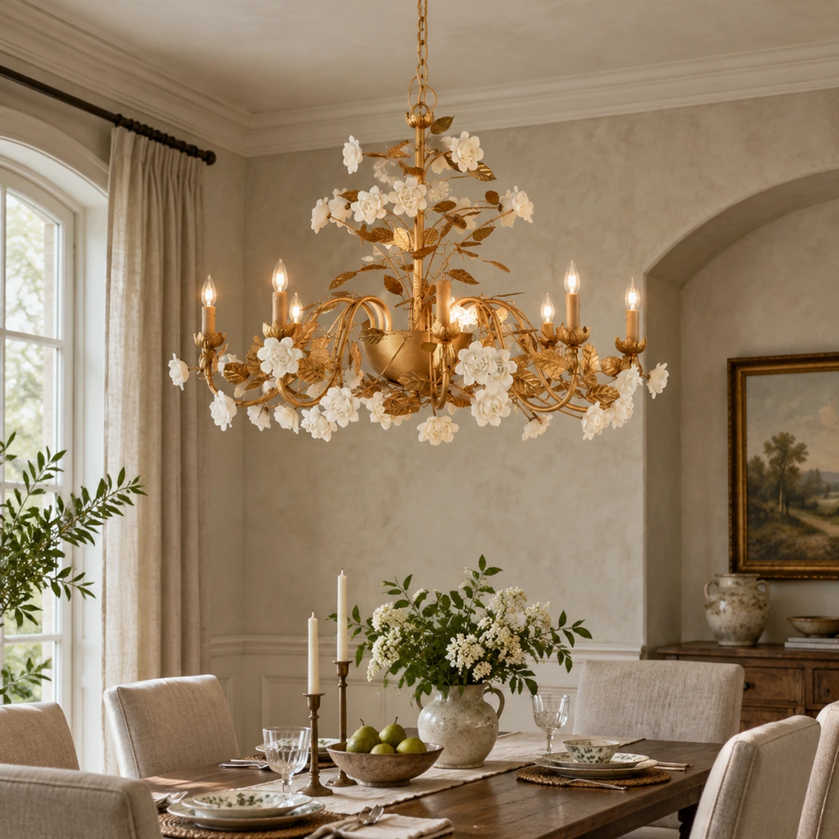 Lustre Elara en céramique à motif floral dans une salle à manger formelle