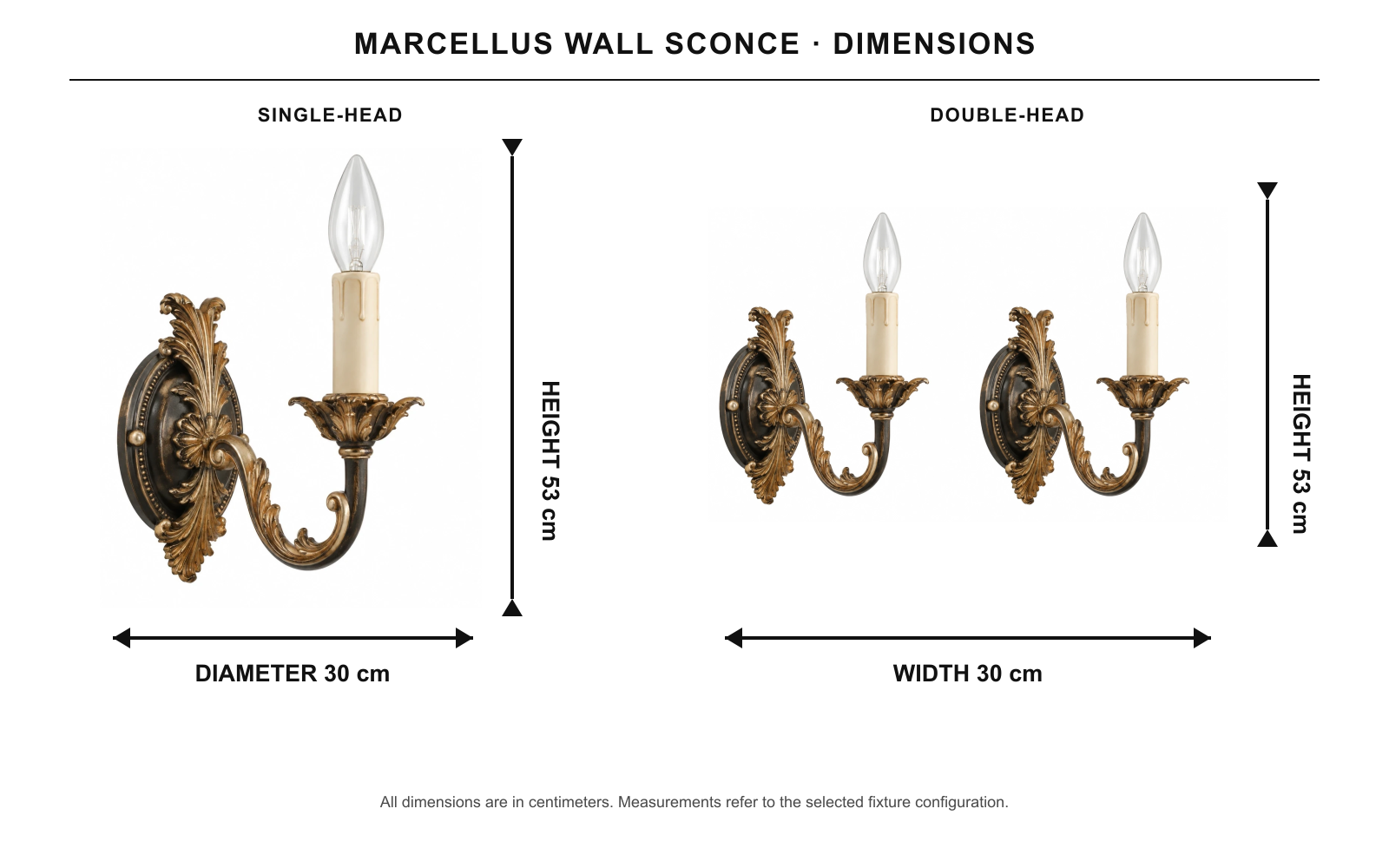 Graphique des dimensions de l'applique murale Marcellus montrant les mesures à une et deux têtes