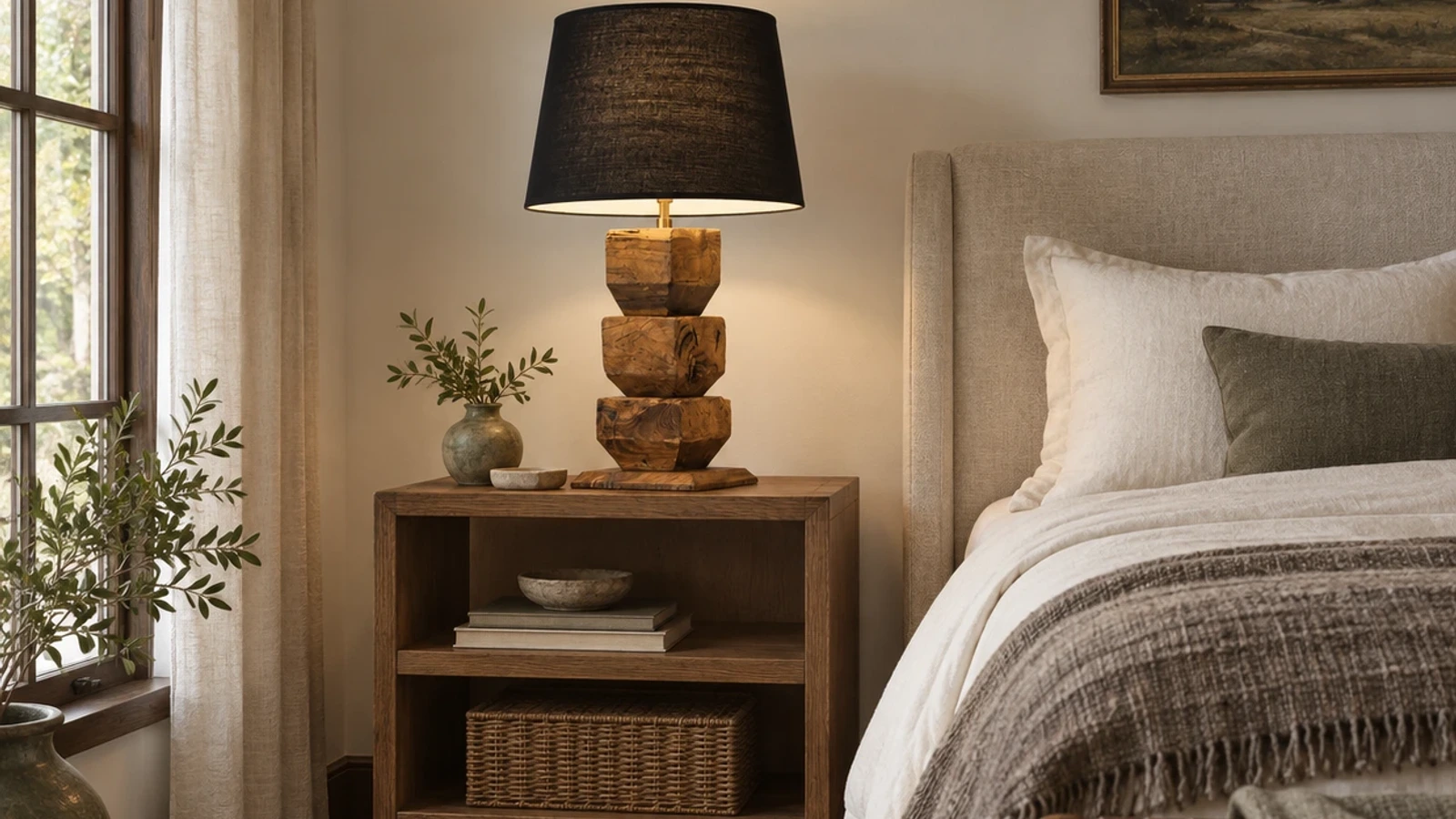 Lampe de table empilée en bois massif centrée sur une console de chambre