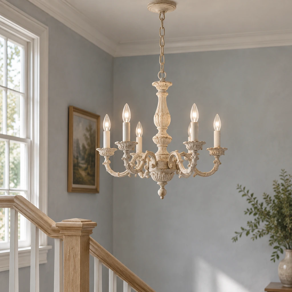 Lustre vintage Valencia en ivoire sculpté, orné de bougies, au-dessus d'un palier d'escalier bleu-gris.