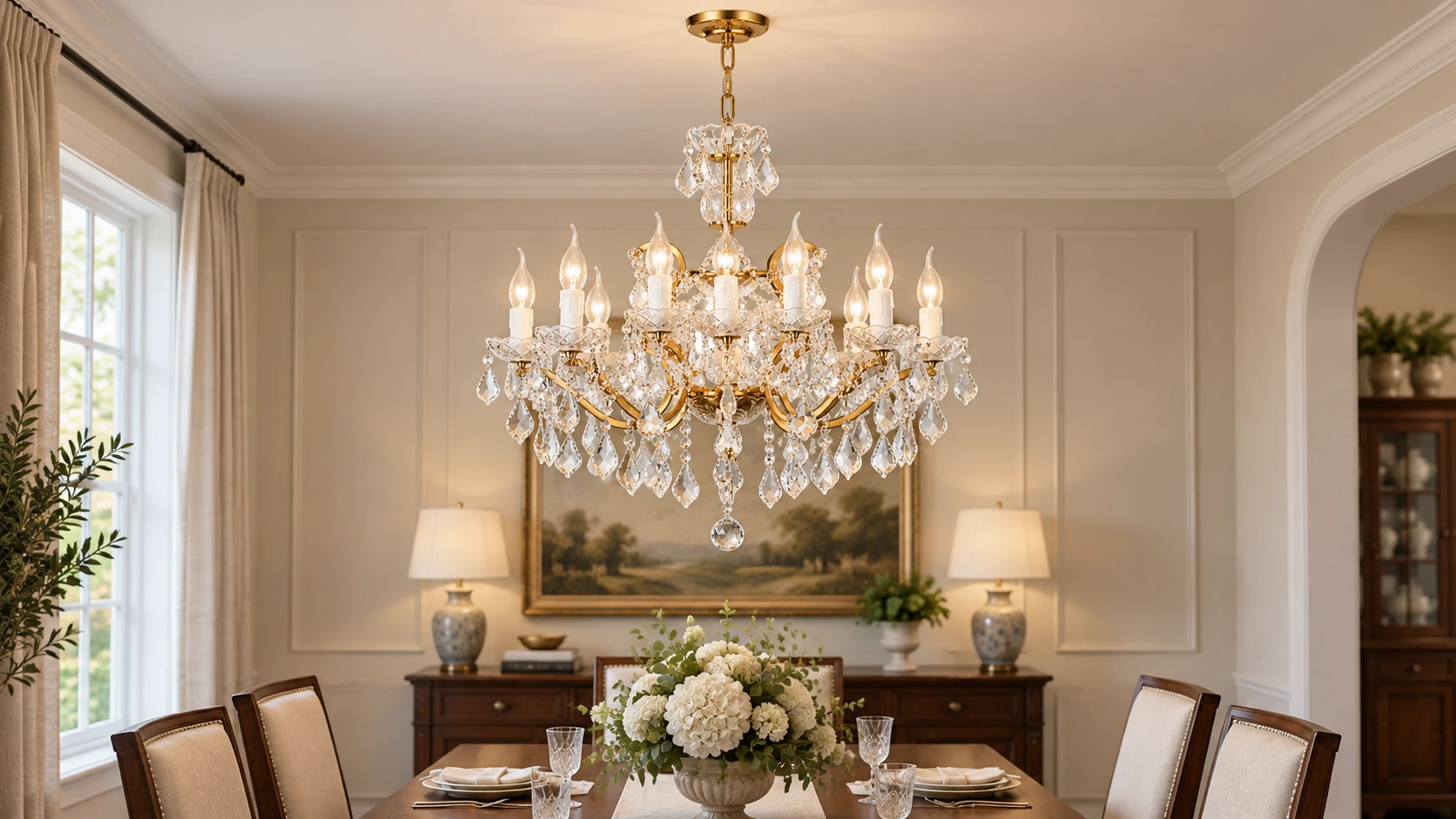 Lámpara de araña Aurelia de cristal dorado brillante de 12 luces centrada sobre una mesa de comedor americana.