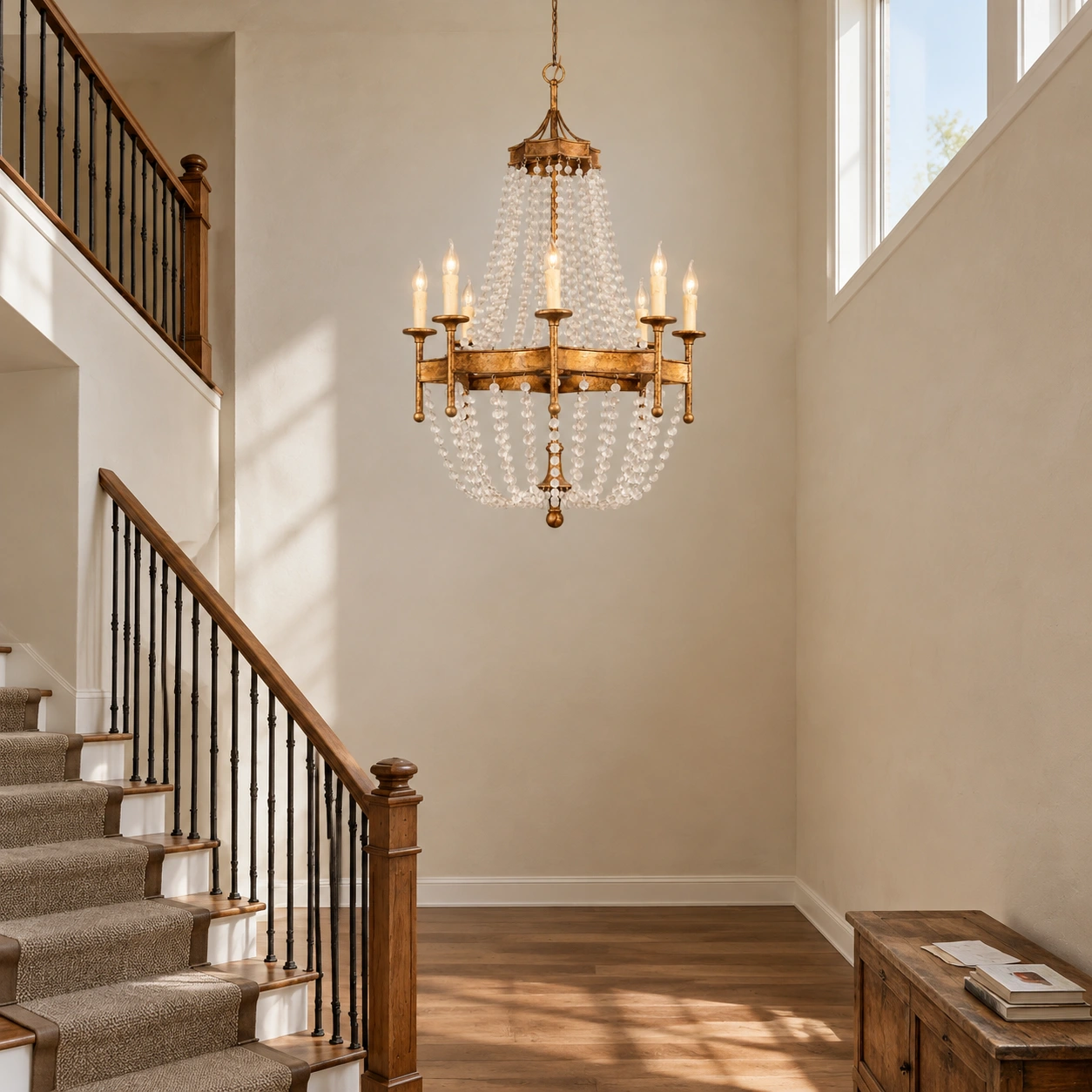 Lampadario illuminato in un ingresso con soffitto alto