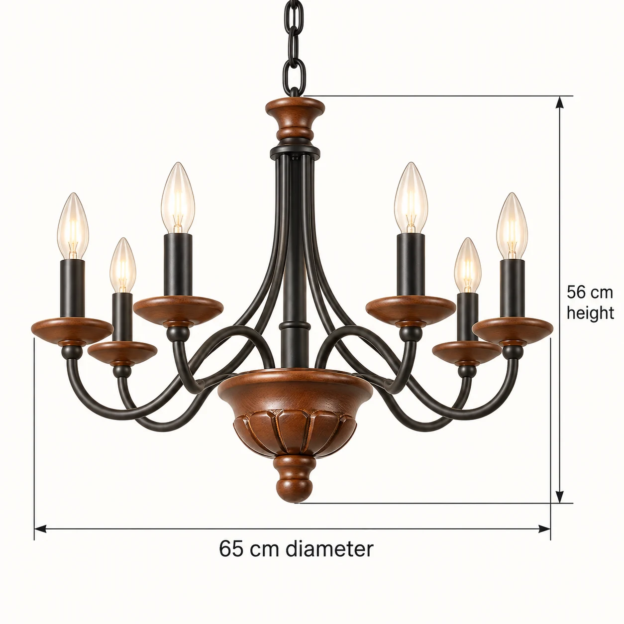 Dimensiones de la lámpara de araña Clara de seis luces: 65 cm de diámetro y 56 cm de altura.