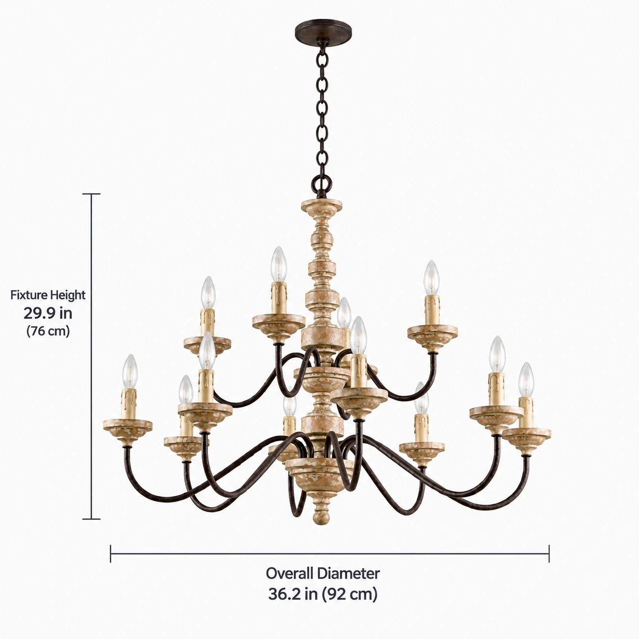 Lustre à 12 lumières, hauteur 29,9 pouces ou 76 centimètres (sans la chaîne ni le pavillon) ; diamètre total 36,2 pouces ou 92 centimètres.