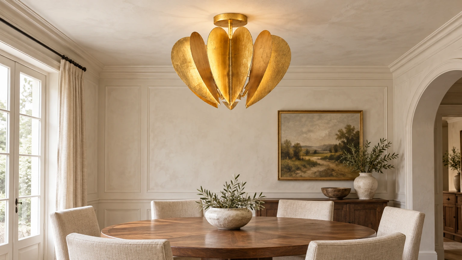 Plafonnier vintage à la feuille d'or au-dessus d'une table à manger dans un intérieur vintage lumineux