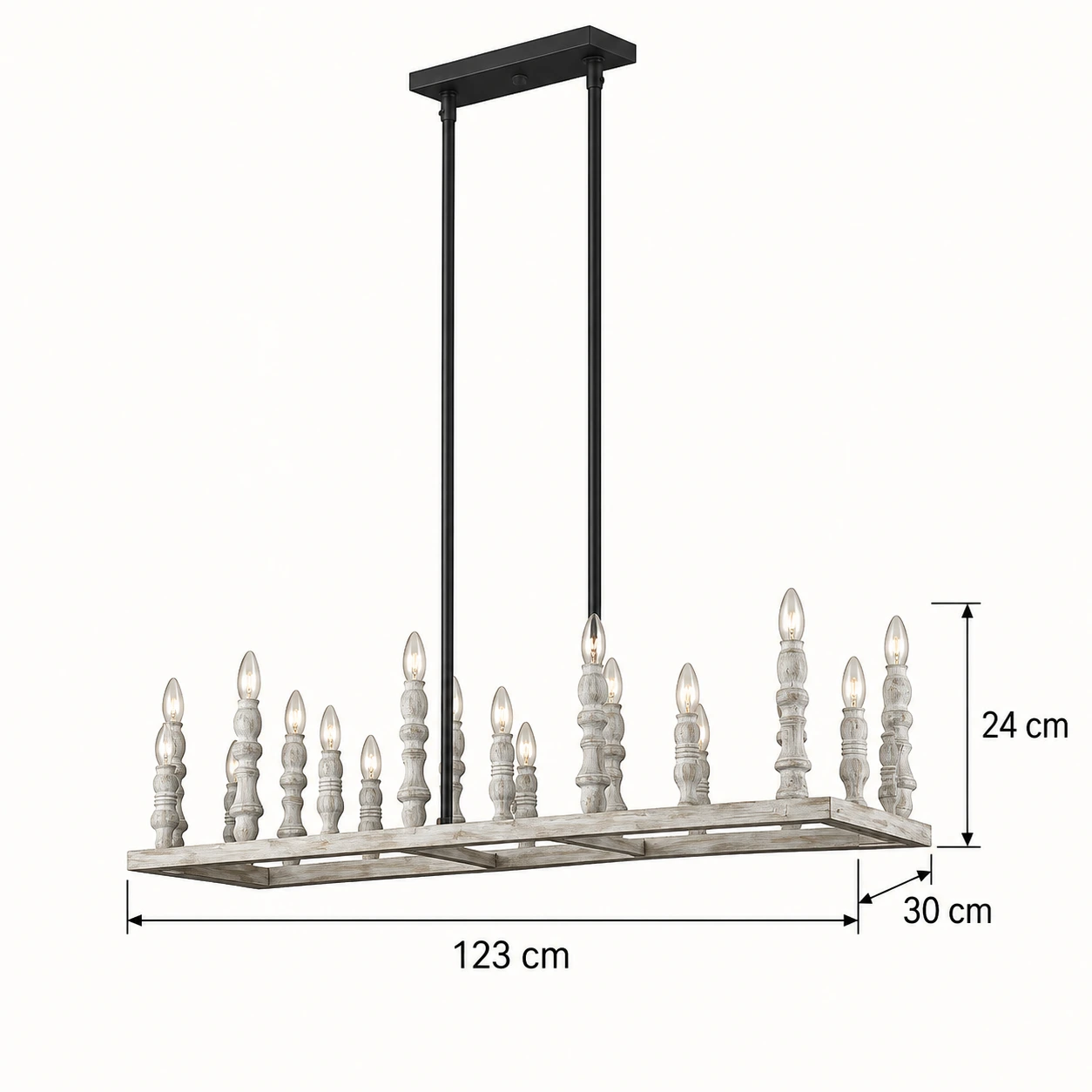 Lámpara de araña rectangular de 20 luces: 123 centímetros de ancho, 30 centímetros de profundidad, 24 centímetros de altura.
