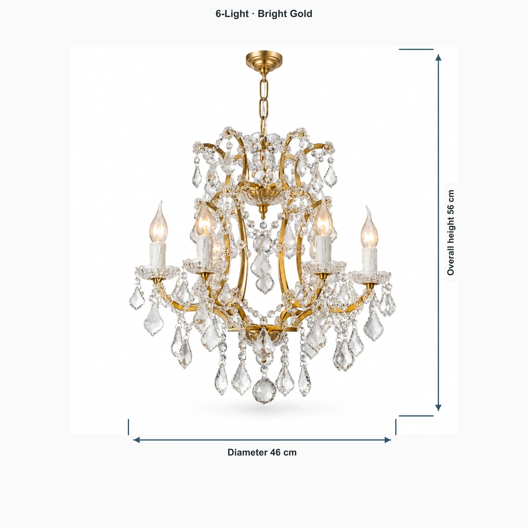 Lámpara Aurelia de 6 luces color oro brillante. Dimensiones: diámetro 46 cm, altura total 56 cm.