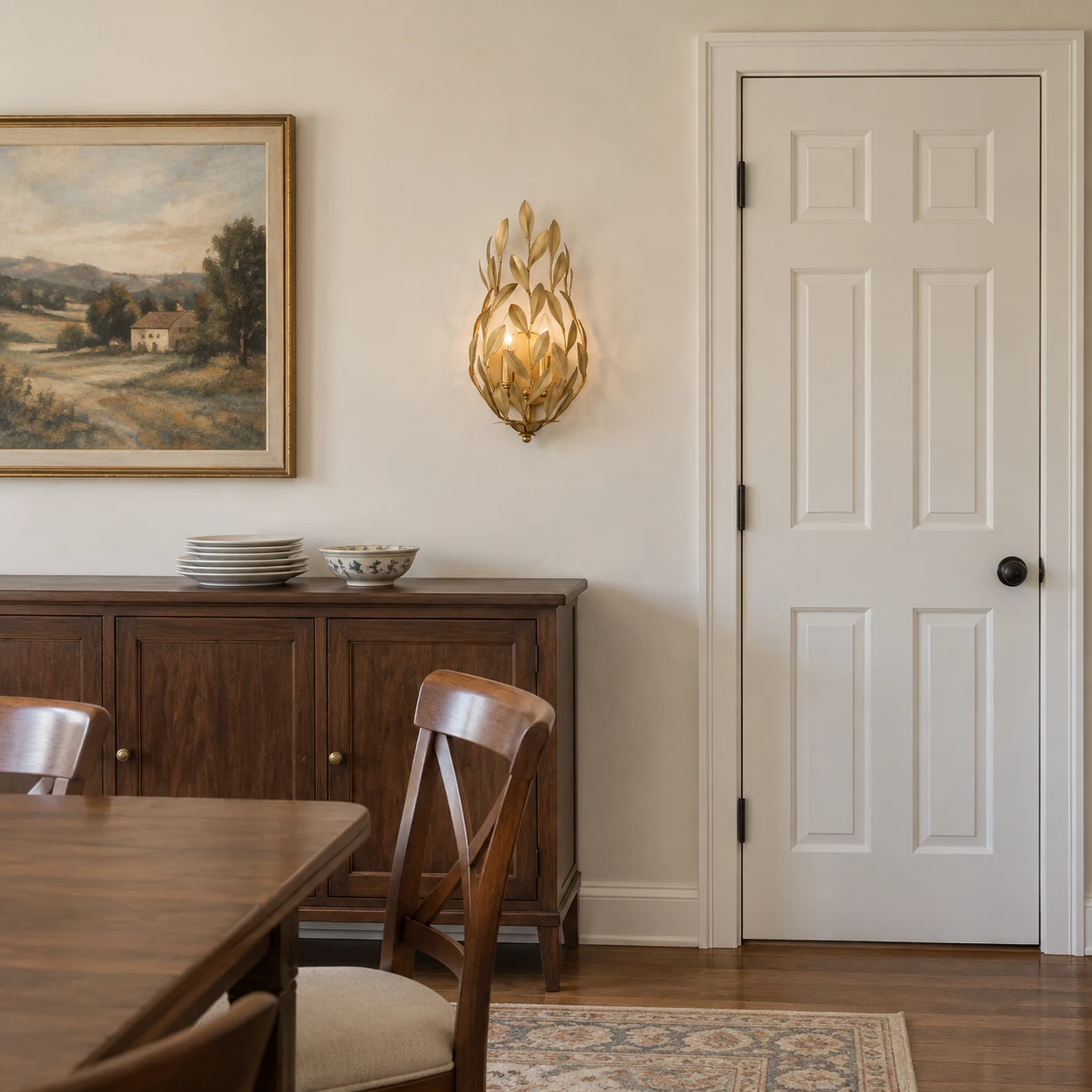 Applique da parete Elise con foglia d'oro sopra una credenza in una tipica sala da pranzo americana.