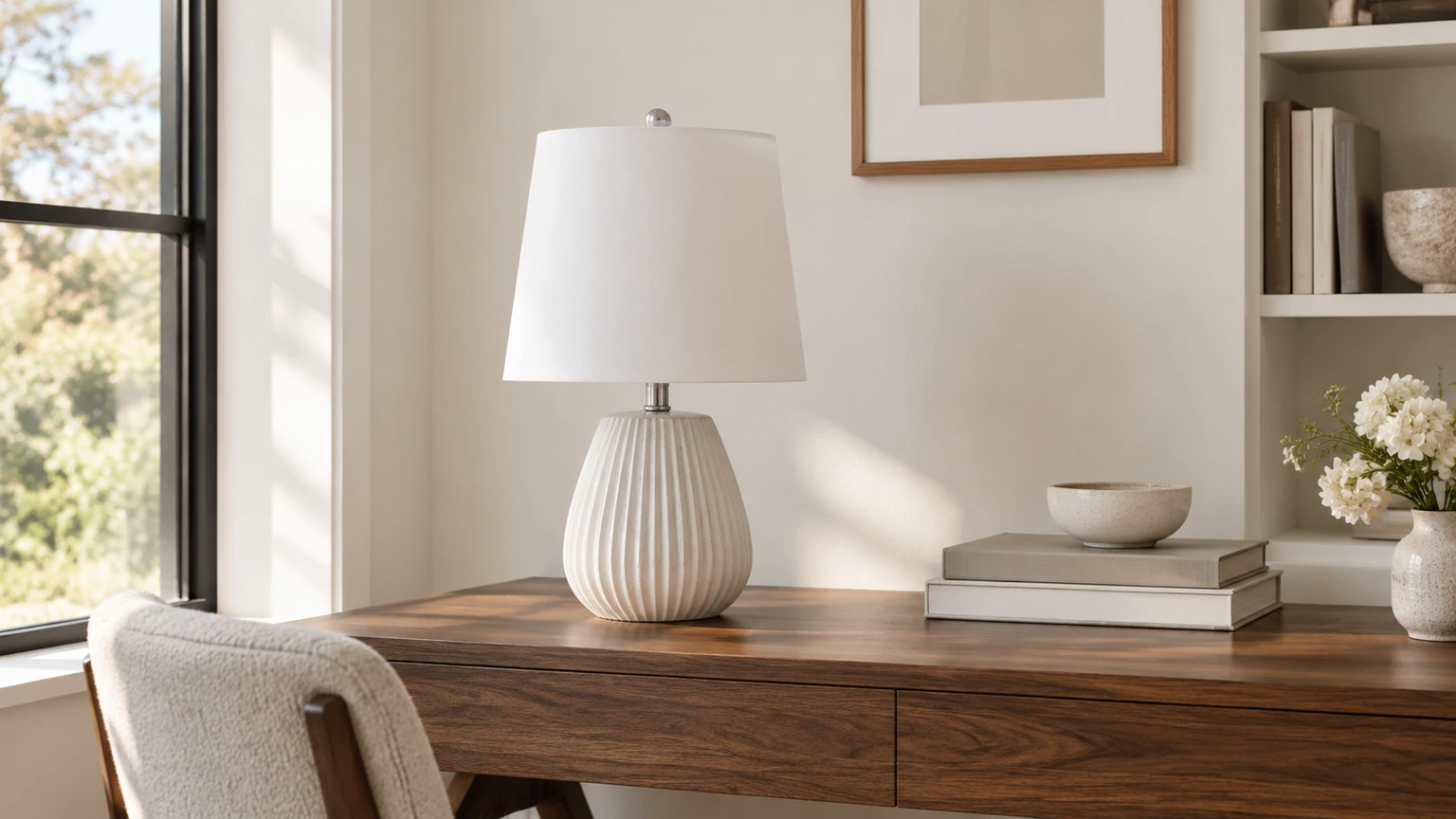 Lampe de table Clara en bois sculpté et cannelé, posée sur une console en noyer dans un bureau à domicile
