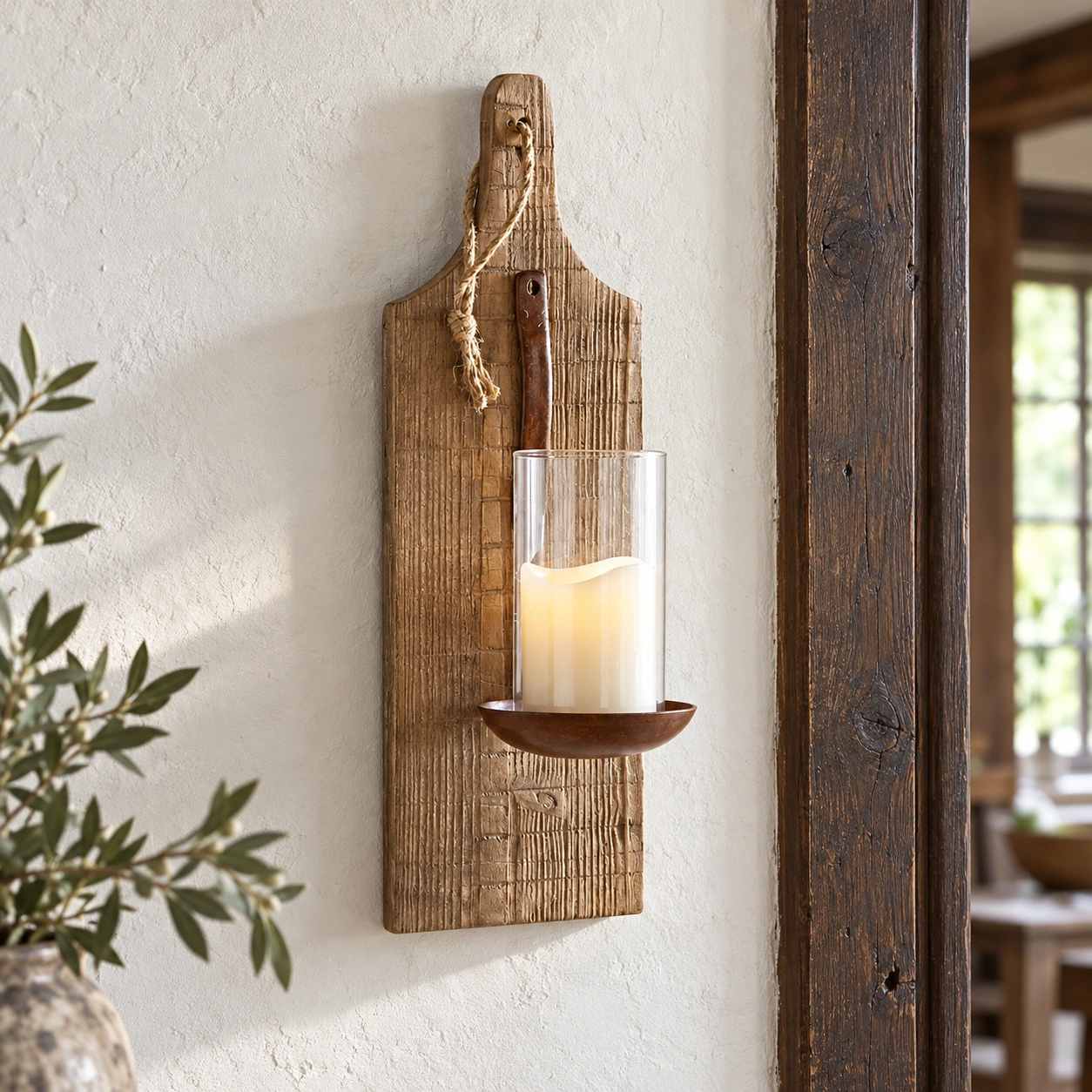 Detalle de madera tallada y cristal del aplique de pared Amelia Vintage de madera tallada.